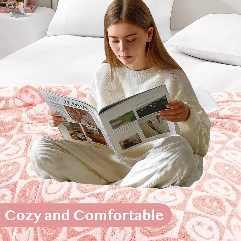 WRENSONGE Checkered Throw Blanket Blossom Smiling Face Soft Cozy Fluffy Warm Hand Made Throw Blankets for Couch, Sofa, Chair, Bed, Camping, Picnic, Travel Lightweight Bed Blanket - 50"*60"