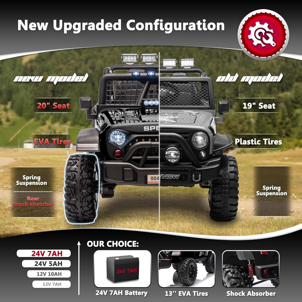 Sopbost 24V 7Ah 2 Seater Ride On Truck Ride On Toy for Big Kids Ride On Car with Remote Control Off-Road Electric Car with Shock Absorber, LED Lights, Bluetooth Music Player, EVA Tires, Black