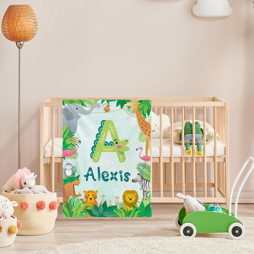 Personalized Cute Animal Baby Blanket, Custom Initial Jungle Swaddle Blanket with Name Customized Super Soft Nursery Fleece Throw Blankets for Newborns Baby Shower Girls Kids Birthday