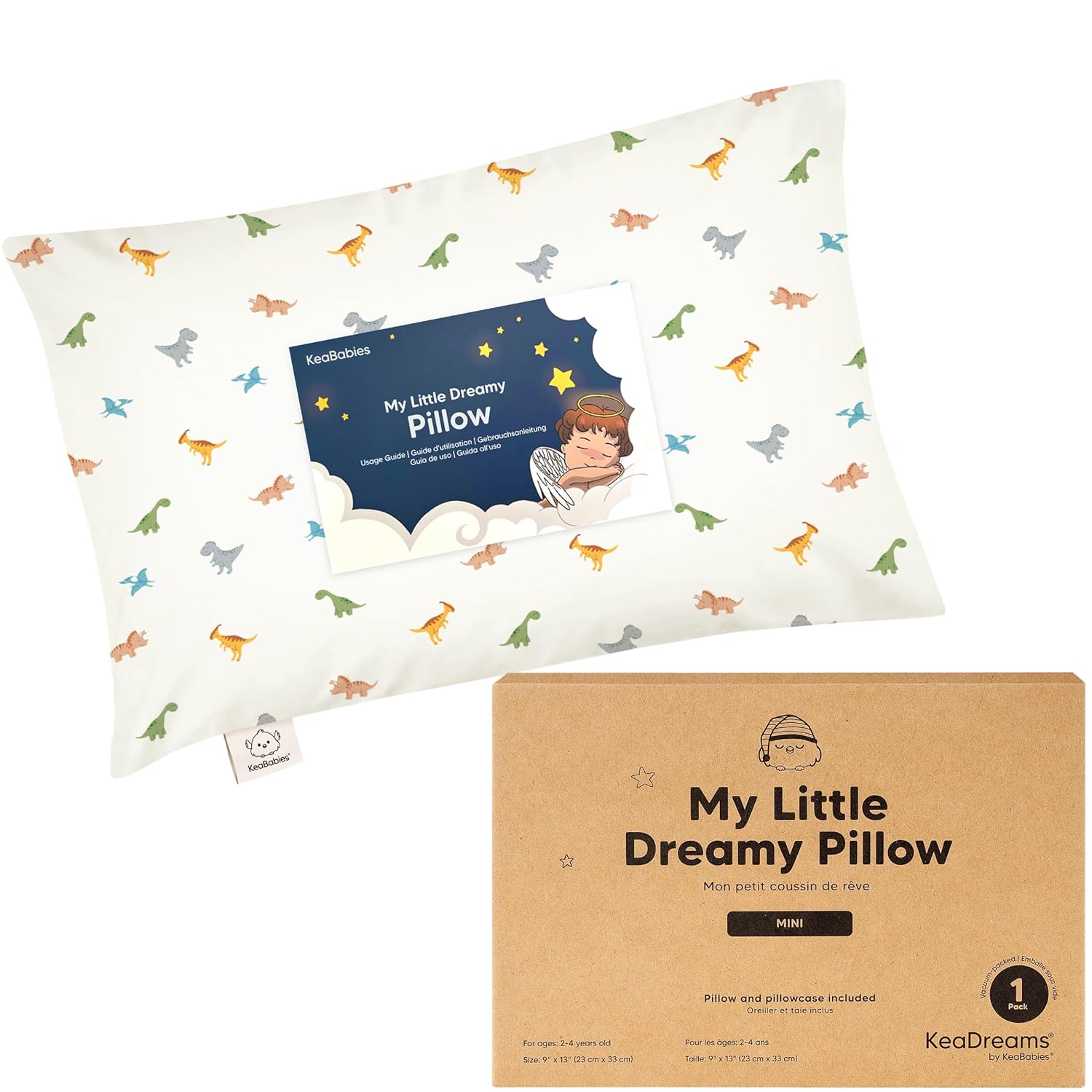 Mini Toddler Pillow with Pillowcase - 9x13 My Little Dreamy Travel Kids Pillow for Sleeping, Toddler Bed, Small, Tiny, Organic Cotton Pillowcase, Soft & Breathable, Kids 2-4 Years Old (Roarsome)