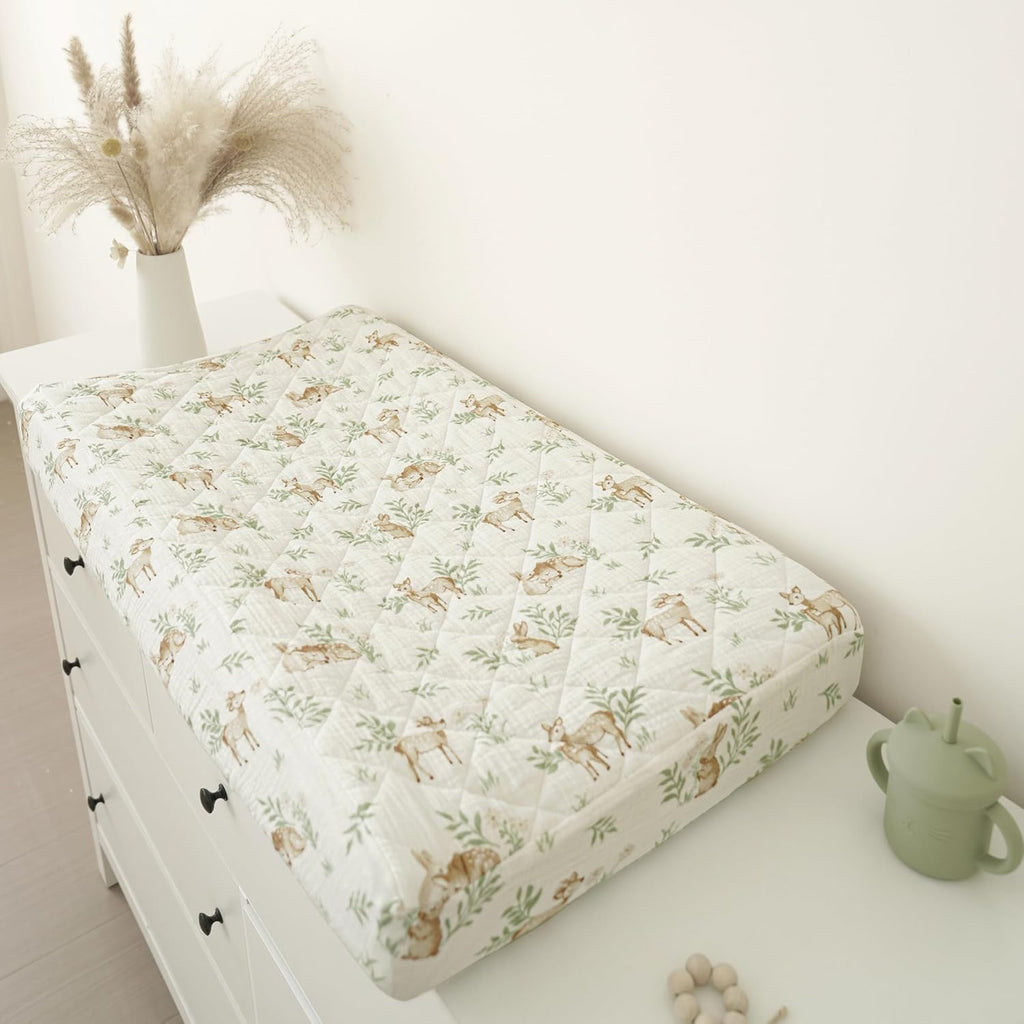 Konssy Waterproof Muslin Changing Pad Cover 2 Pack, Quilted Cotton Fitted Diaper Changing Table Cover, Soft Changing Pad Sheets for Girls Boys (Woodland, Sage)
