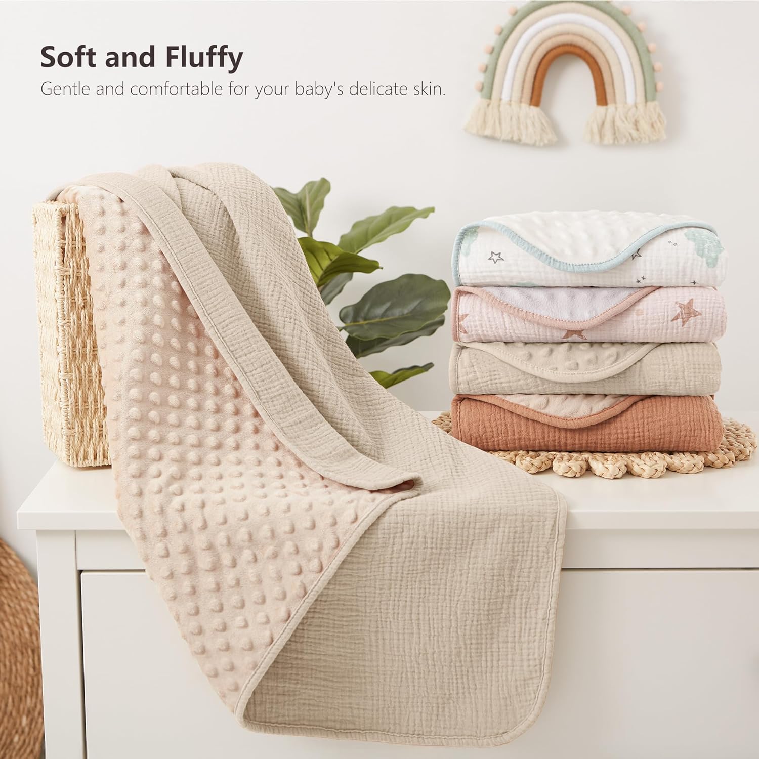 Susurration Baby Blanket for Unisex Boys Girls, Soft Nursery Minky Blanket with Muslin Cotton Front and Dotted Fleece Back, Receiving Blanket for Baby Newborn Infant, 30x40inch (Cream)