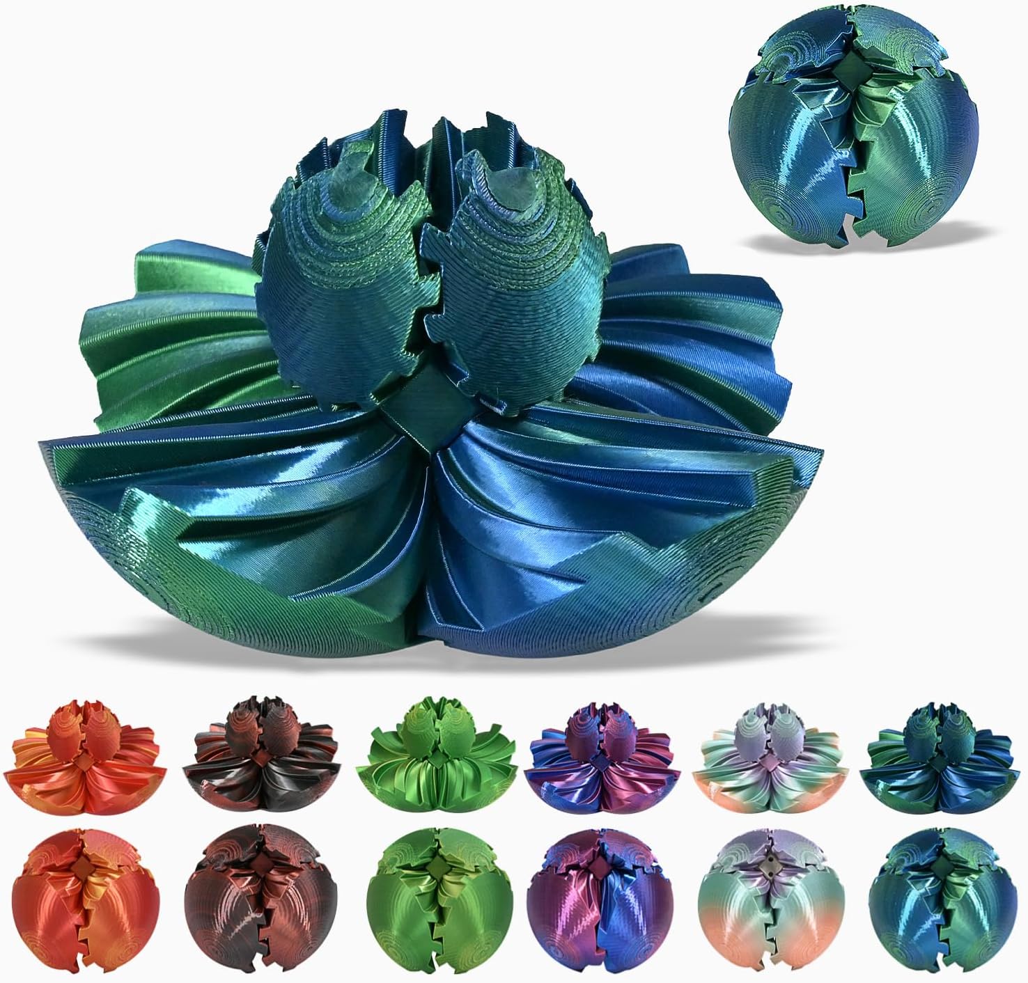 3D Printed Gear Ball, Gear Sphere Fidget Toy Stress Relif Toy for ADHD, Anxiety Relaxing Toy for Adults at Work/Study/Travel, Twisted Blue-Green