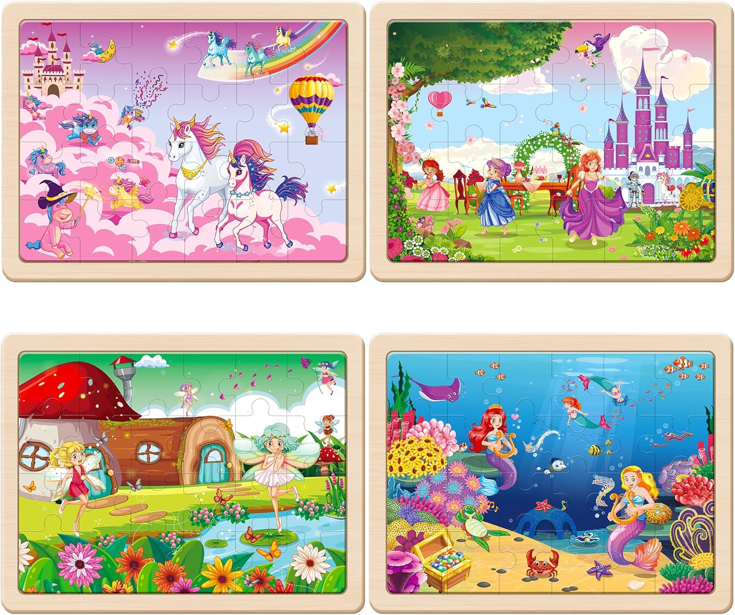 SYNARRY Large Unicorn Mermaid Princess Fairy Wooden Kids Puzzles 4 in 1 Gift Box(12.2 * 9.4 in) - FSC Certified, Wood Puzzles for Kids Ages 4-6, Toys Gifts for 3 4 5 Year Old Toddlers Girls