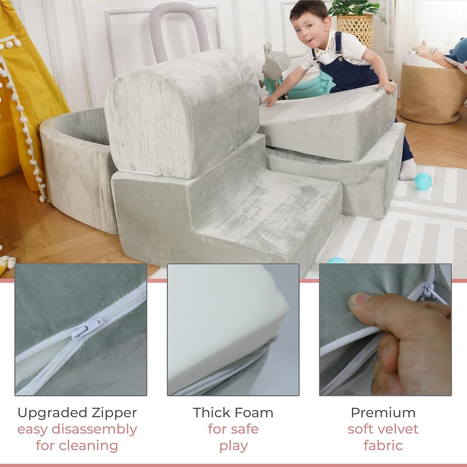 Foam Climbing Blocks for Toddlers 1-3 - Baby Climb and Crawl Activity Playset - Indoor Activity Play Structure for Toddlers - Foam Soft Play Set for Babies - Balls NOT Included - Gray