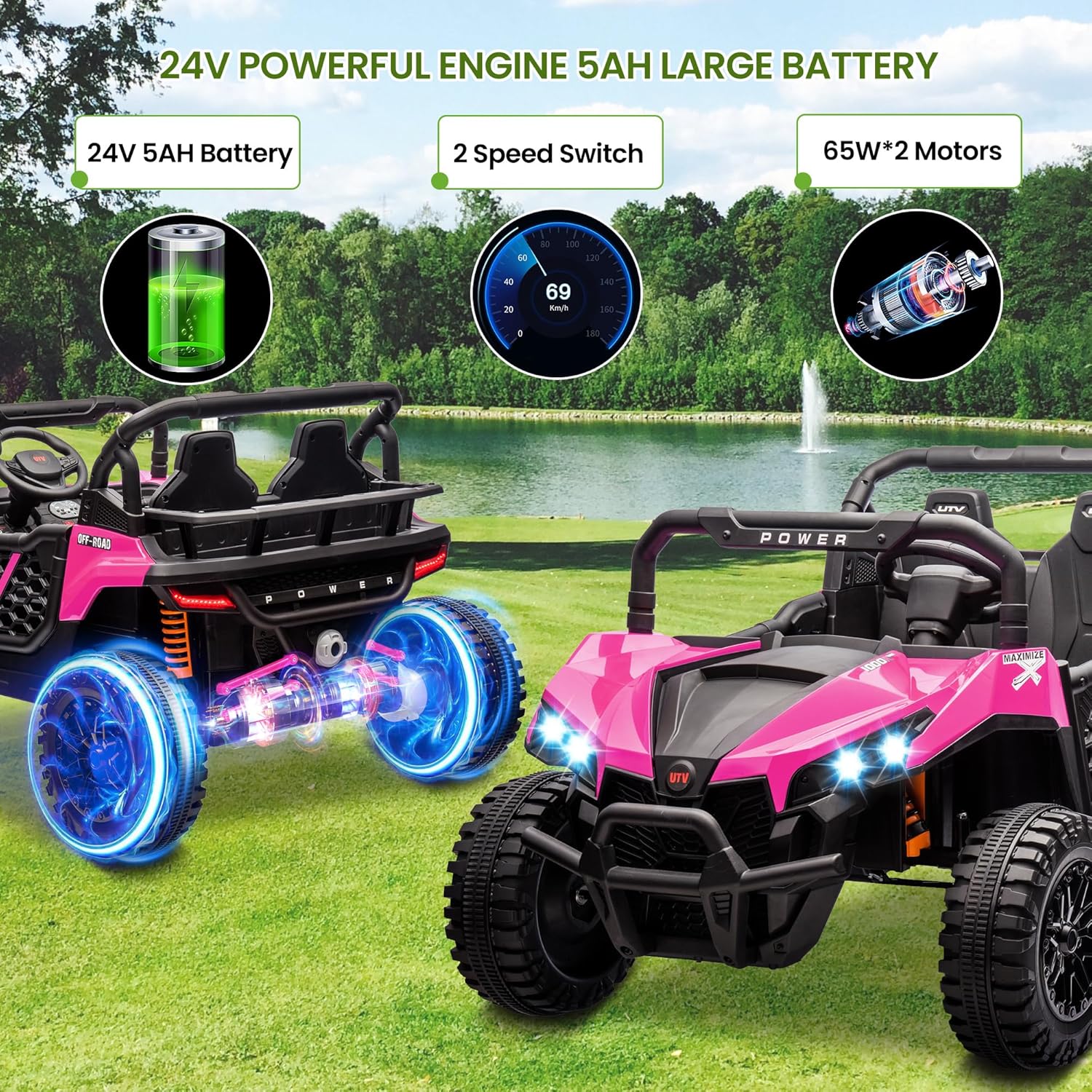 24V 2 Seater Ride On Car Truck, Power Wheels Kids UTV w/Parent Remote Control, 3.1 MPH Max Speed, Music Player, LED Lights & Storage, Electric Vehicle Ride On Toy for Kids Toddler Ages 3-8, Pink