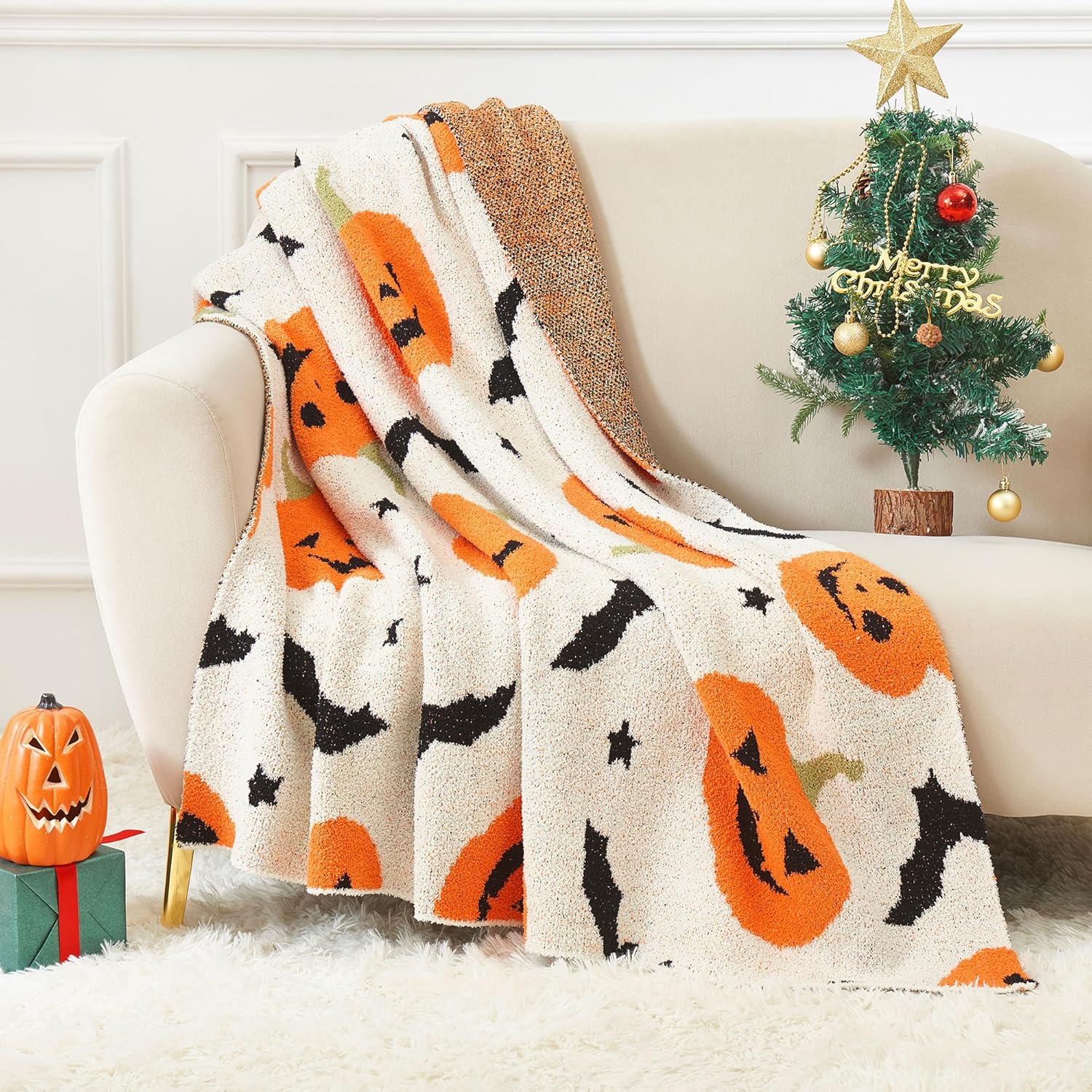 SeaRoomy Halloween Blanket, Ultra Soft Cozy Knit Throw Blanket for Couch, Warm Fluffy Microfiber Lightweight Knitted Throw Blanket Pumpkin Bat Halloween Decor (Pumpkins, 51"×63")