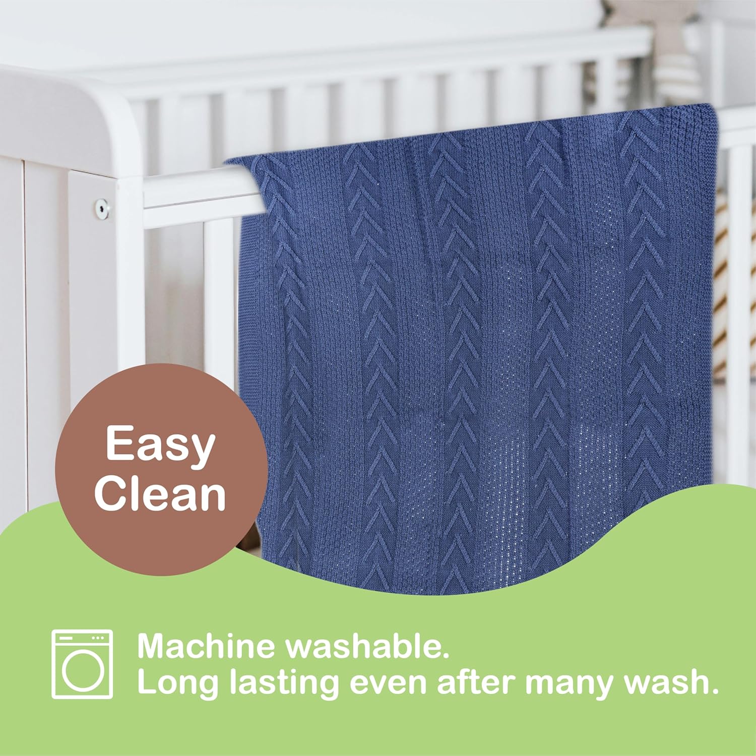 Organic Cotton Baby Blanket - 31.5 x 43.3 Inches, Soft Knitted Crib Blanket for Boys & Girls, Breathable Design (Blue)