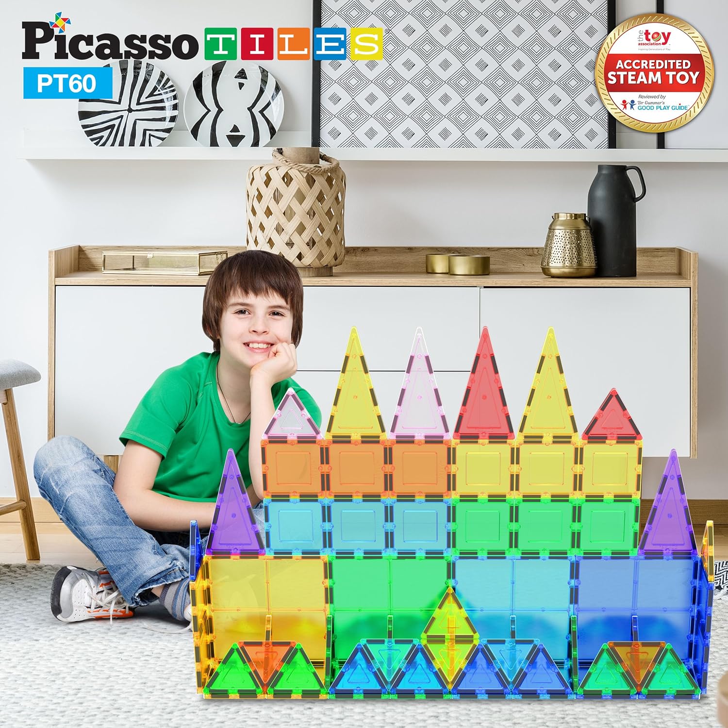 PicassoTiles 60 Piece Set 60pcs Magnet Building Tiles Clear Magnetic 3D Blocks Construction Playboards - Creativity beyond Imagination, Inspirational, Recreational, Educational, Conventional