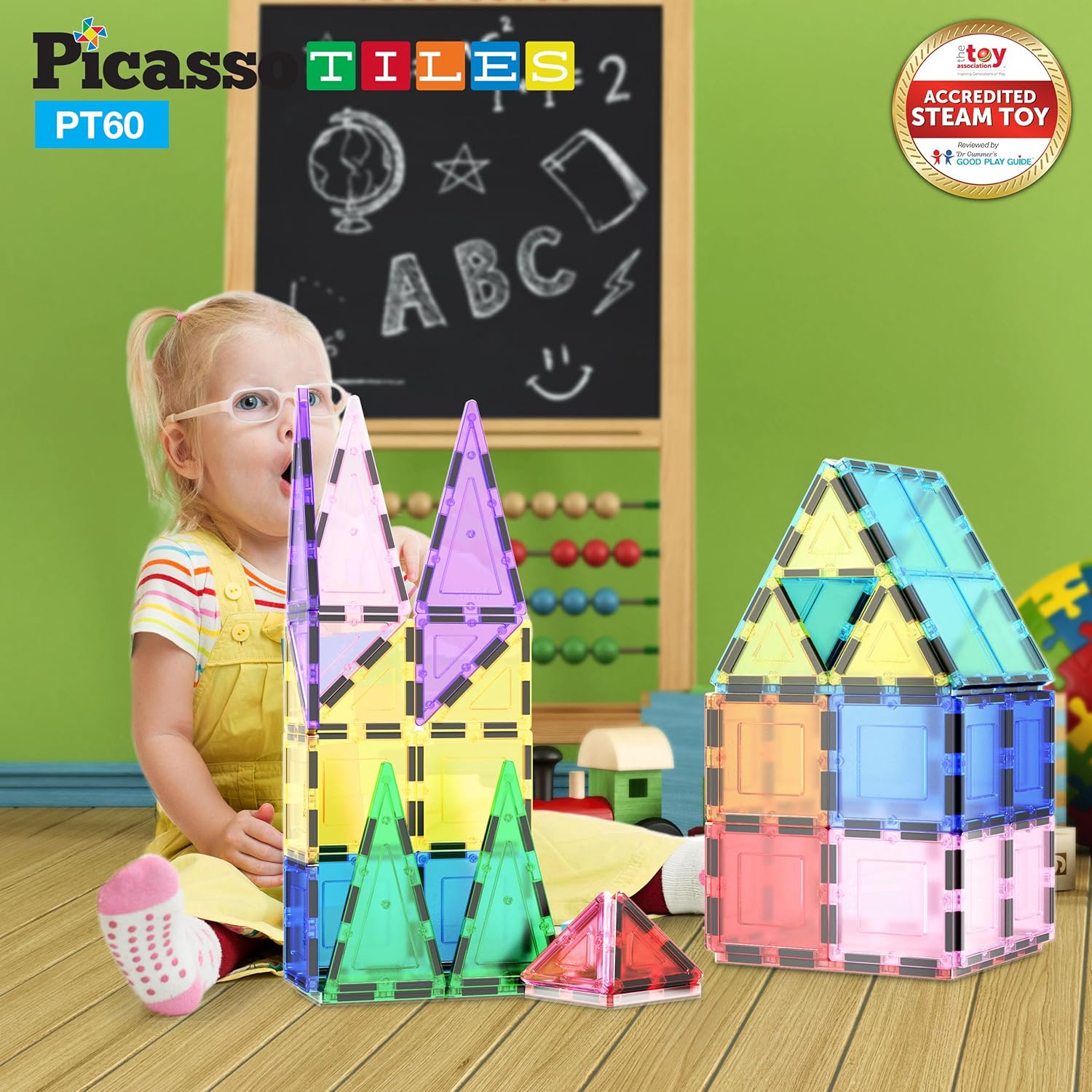 PicassoTiles 60 Piece Set 60pcs Magnet Building Tiles Clear Magnetic 3D Blocks Construction Playboards - Creativity beyond Imagination, Inspirational, Recreational, Educational, Conventional