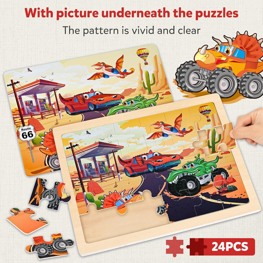 SYNARRY Large Wooden Monster Truck Puzzles for Kids Gift Box(12.2*9.4 in) - FSC Certified, 24 Piece Puzzles for Toddlers 3-5, Wood Puzzle for Kids Ages 4-6, Toys Gifts for 3 4 5 6 Year Old Boys Girls