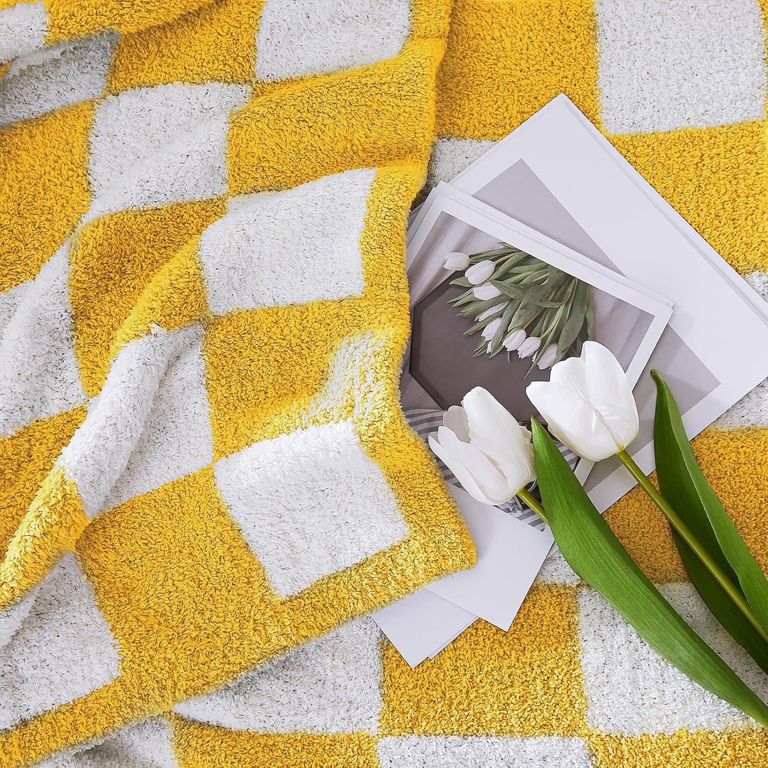 WRENSONGE Checkered Throw Blanket, Yellow Soft Cozy Fluffy Warm Hand Made Throw Blankets for Couch, Sofa, Chair, Bed, Camping, Picnic, Travel Lightweight Bed Blanket - 60"*80"