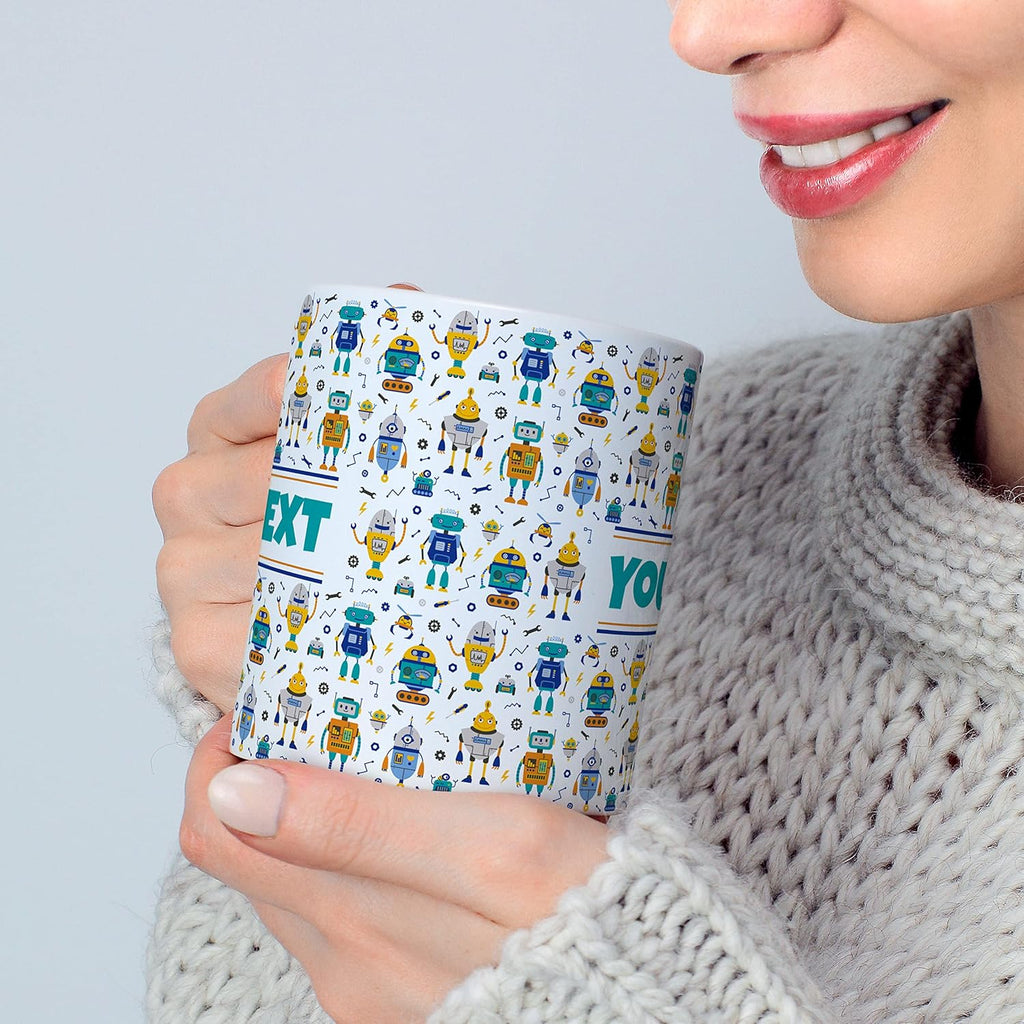 Personalized Mug for Kids - Robots - Custom Name/Text, Ceramic Hot Chocolate/Cocoa/Coffee Cup for Boys, Birthday/Christmas/Holiday Gift - 11 oz, White Handle