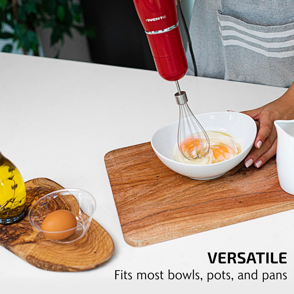 OVENTE Immersion Hand Blender, 300W Electric Handheld Portable Stick Mixer Set with 2 Mixing Speed, Stainless Steel Blades, Egg Whisk Attachment, Mixing Beaker and BPA-Free Food Chopper, Red HS565R