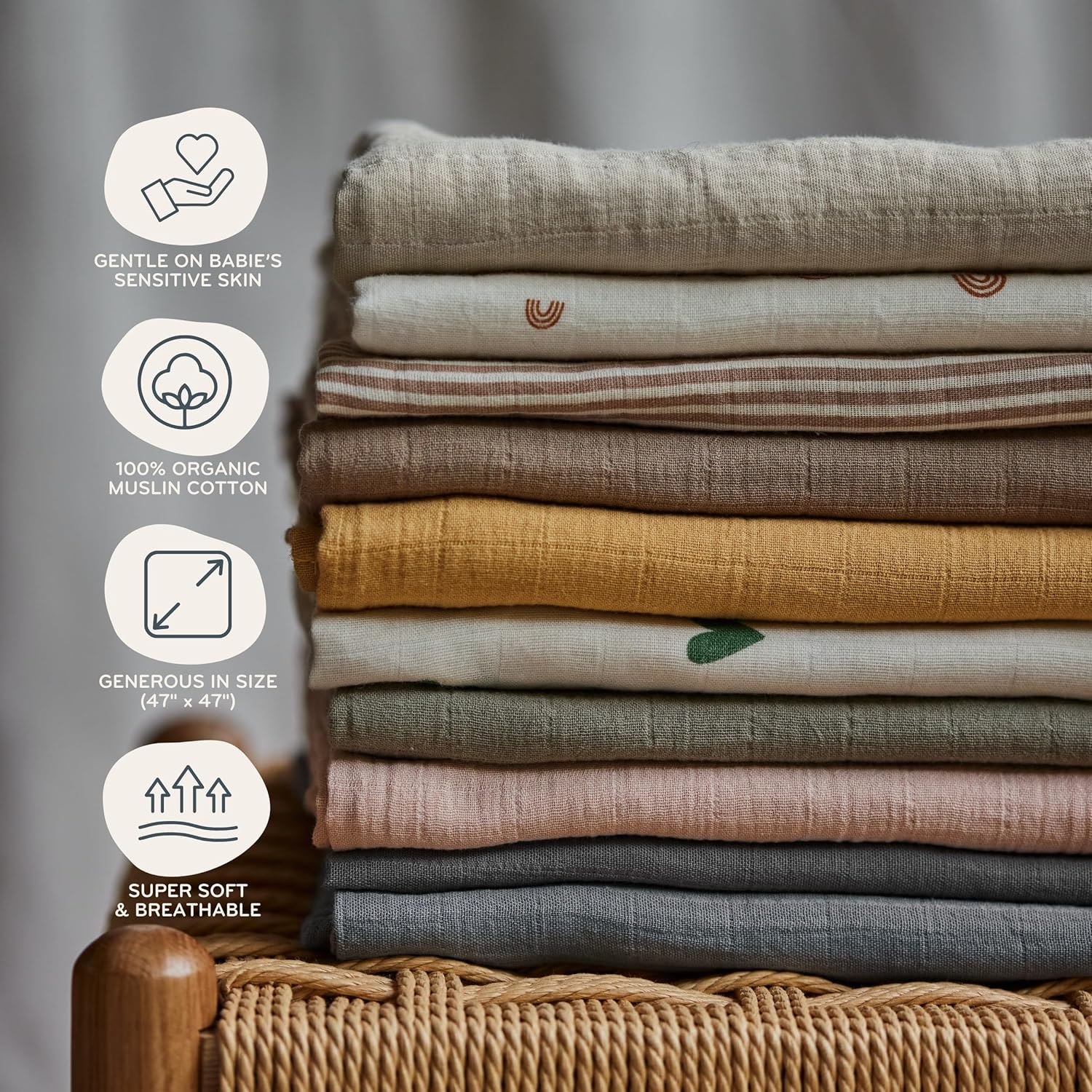 Swaddle - 100% Organic Cotton - Muslin Swaddle Blankets for Newborn, 47" x 47" 2-Pack (Sage Green/Tradewinds)