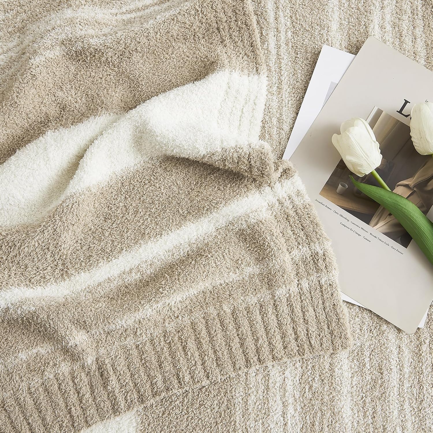 WRENGONGE Khaki Throw Blanket, 60x80 Soft Cozy Striped Throw Blankets for Couch, Sofa, Bed, Travel, Lightweight Fluffy Warm Plush Decorative Blankets for Women, Men,Kids Gift