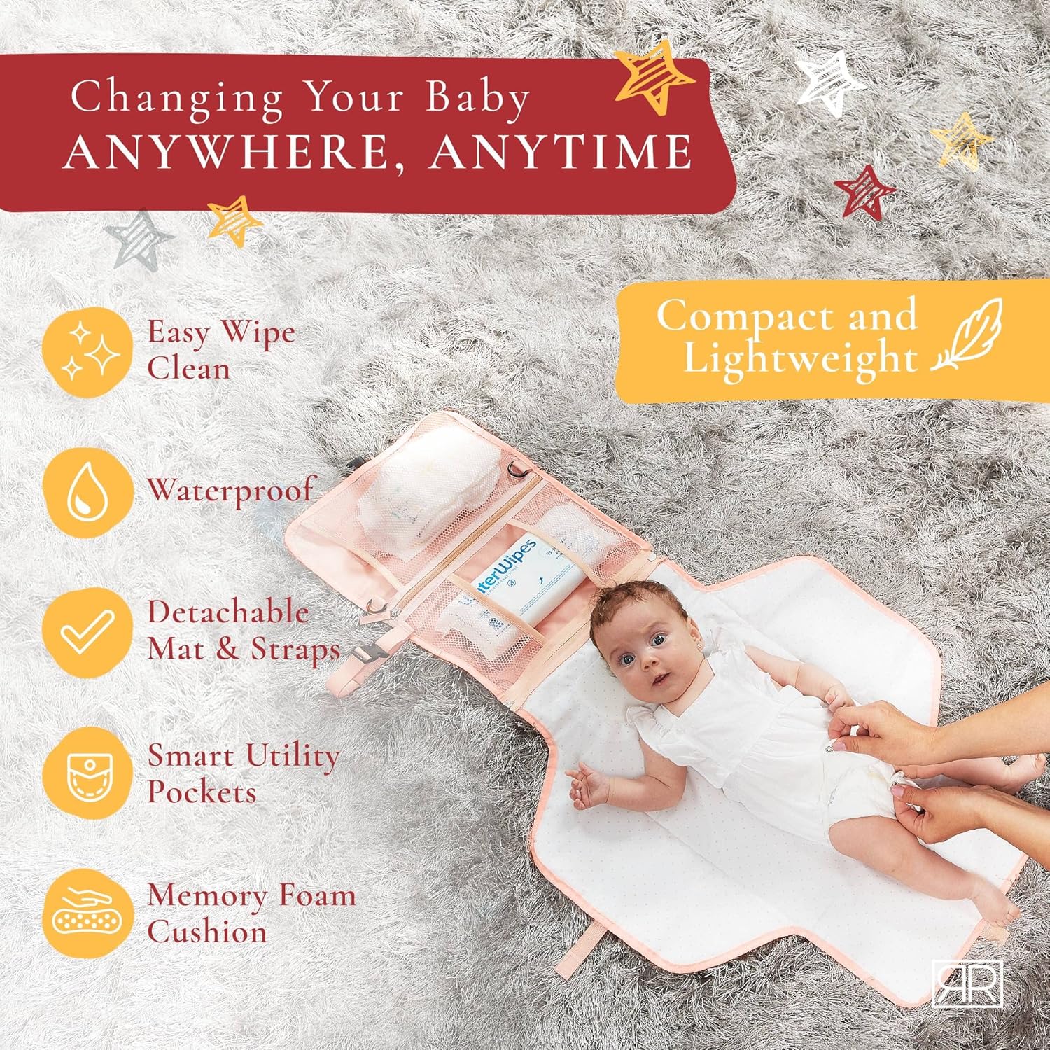 Premium Portable Diaper Changing Pad – CPC Certified Waterproof 2-in-1 Diaper Clutch & Changing Mat with Head Cushion – Bonus Insulated Bottle Bag – Travel Kit Gift for Baby Girls & Boys (Peach)