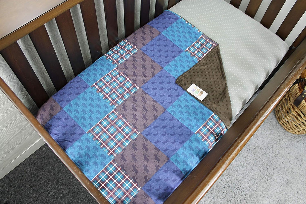 Top Tots “Woodland Animals Collection” Minky Baby Blanket, Moose, Bear and Deer Heads, Orange, Brown and Blue, Checkerboard Pattern, 29 Inches by 39 Inches