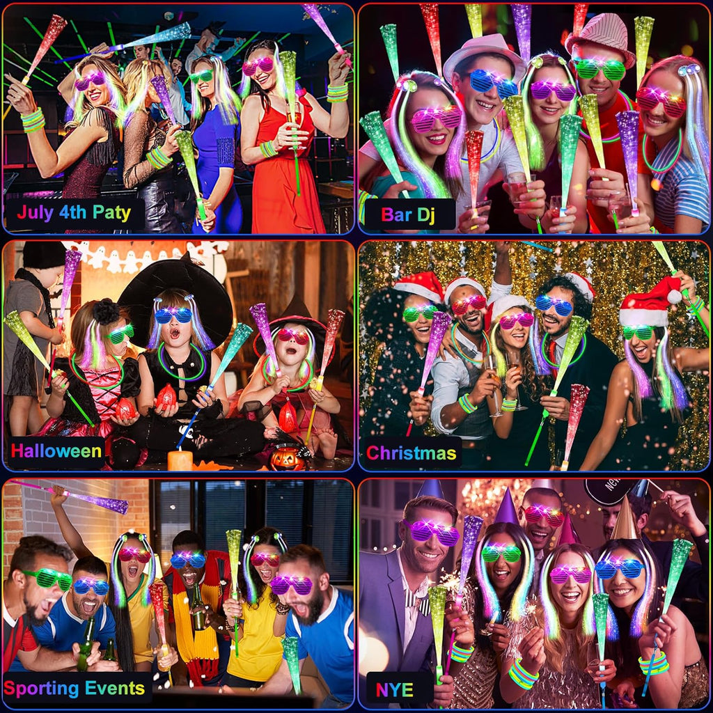 148 PCS Glow in the Dark Party Supplies, 16 PCS Glow Fiber Optic Wands, 14 PCS LED Glasses, 100 PCS Glow Sticks and 18 PCS LED Hair Clips Fiber Optic for Glow Party, Wedding, Concert, Birthday