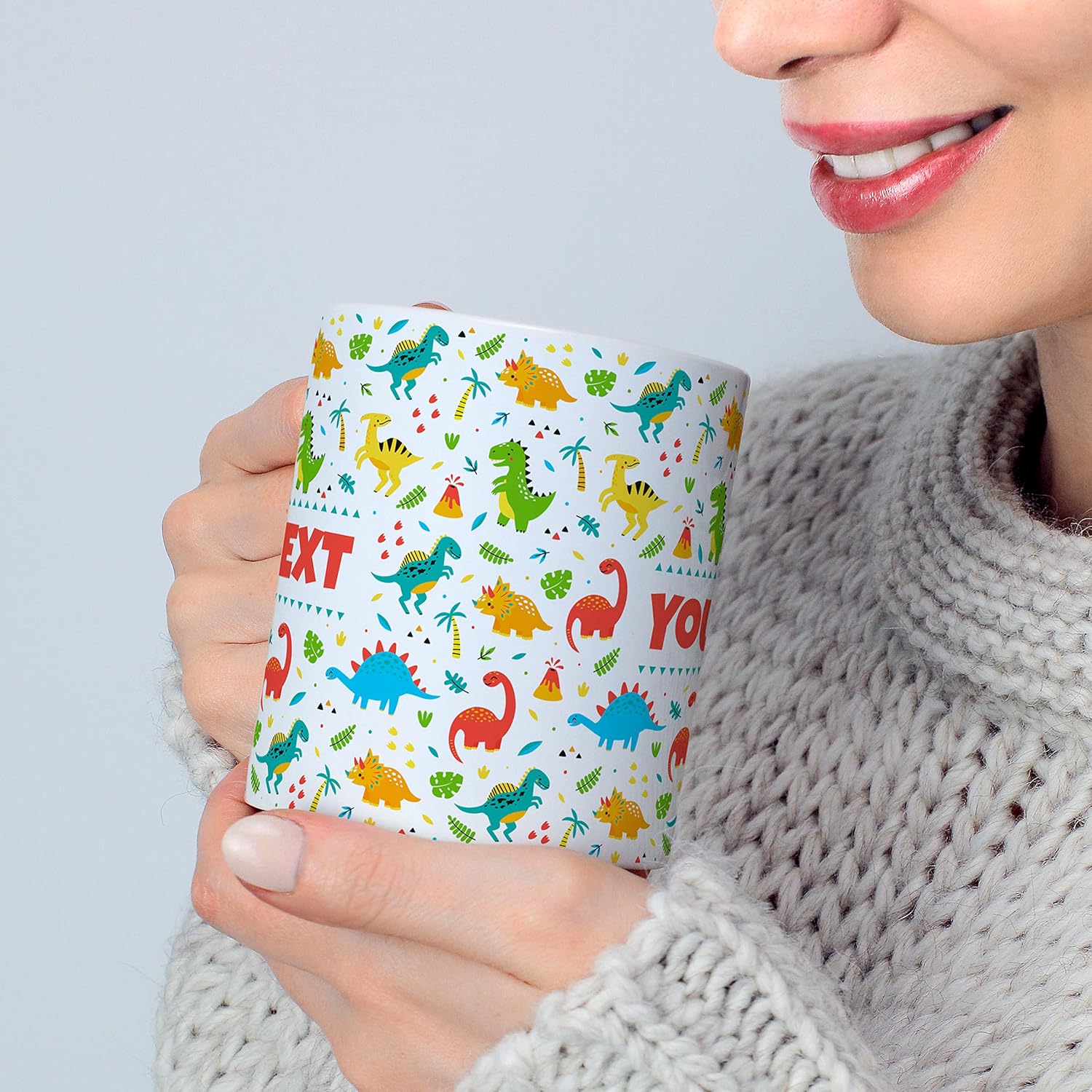 Personalized Mug for Kids - Dinosaurs - Custom Name/Text, Ceramic Hot Chocolate/Cocoa/Coffee Cup for Boys/Girls, Birthday/Christmas/Holiday Gift - 11 oz, Red Handle