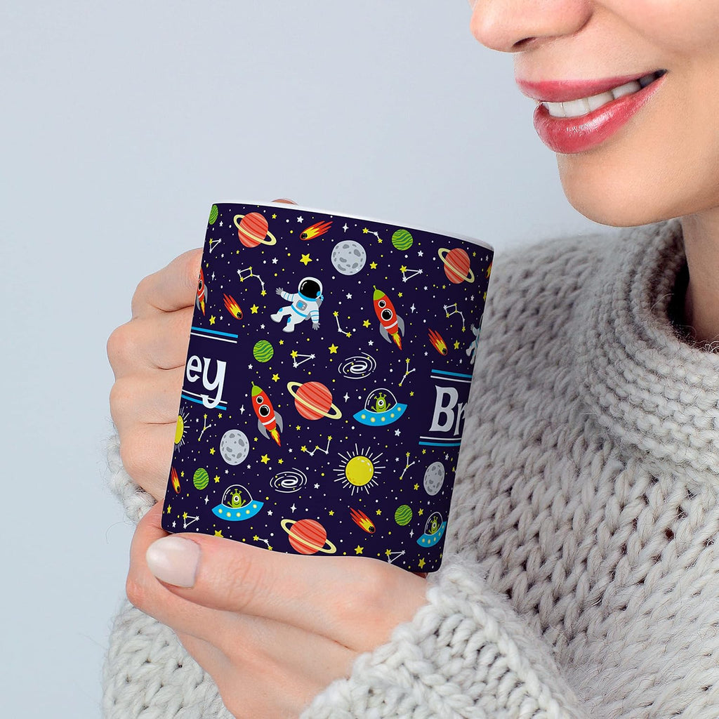 Personalized Mug for Kids - Outer Space - Custom Name/Text, Ceramic Hot Chocolate/Cocoa/Coffee Cup for Boys/Girls, Birthday/Christmas/Holiday Gift - 11 oz, Light Blue Handle