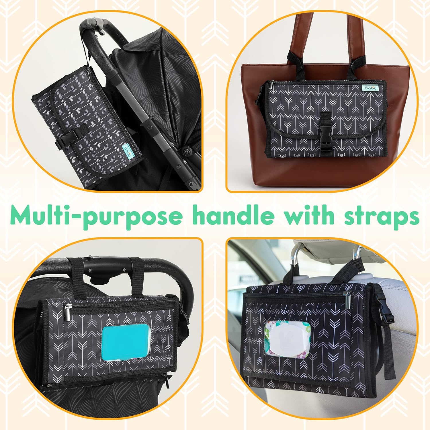 Kopi Baby Portable Diaper Changing Pad - Baby Diaper Changer Travel Bag with Wipes Pocket, Smart Design Portable Changing Mat, Infant Travel Station Kit, Gift for Newborn Girl & Boy - Black Arrows