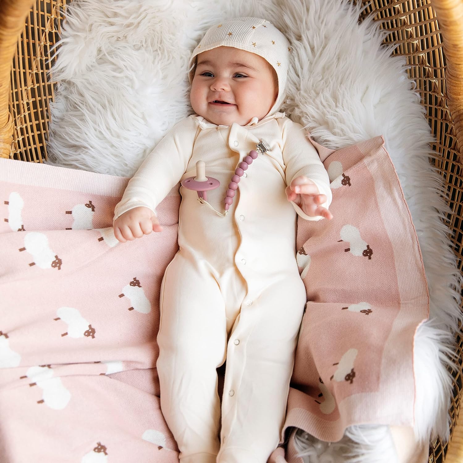 Luxury Knit Baby Receiving Blanket - 100% Cotton Soft Cozy Lightweight Receiving Swaddler Crib Stroller Blanket for Shower Gift Registry for Newborns Infants Toddlers (Sheep - Light Pink)