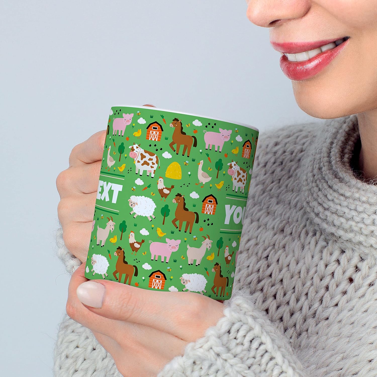 Personalized Mug for Kids - Farm Animals - Custom Name/Text, Ceramic Hot Chocolate/Cocoa/Coffee Cup for Boys/Girls, Birthday/Christmas/Holiday Gift - 15 oz, Navy Blue Handle