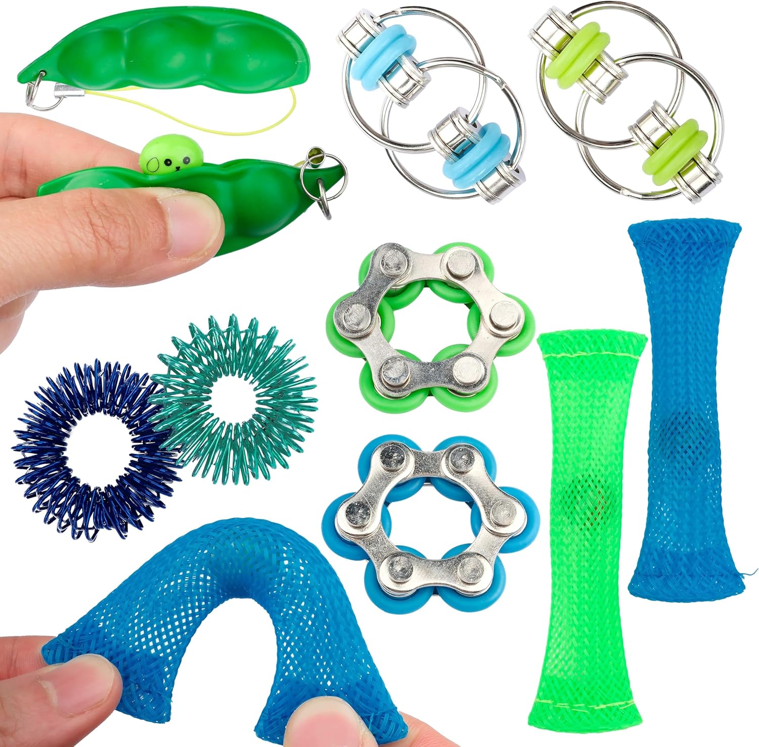 Sensory Fidget Toy 10 Set Roller Bike Chain Fidget Spinner and Marble Fidget Stress Pea Pod Stress Relief Tools, Spiky Sensory Finger Rings for Kids and Adults with Attention Disorder
