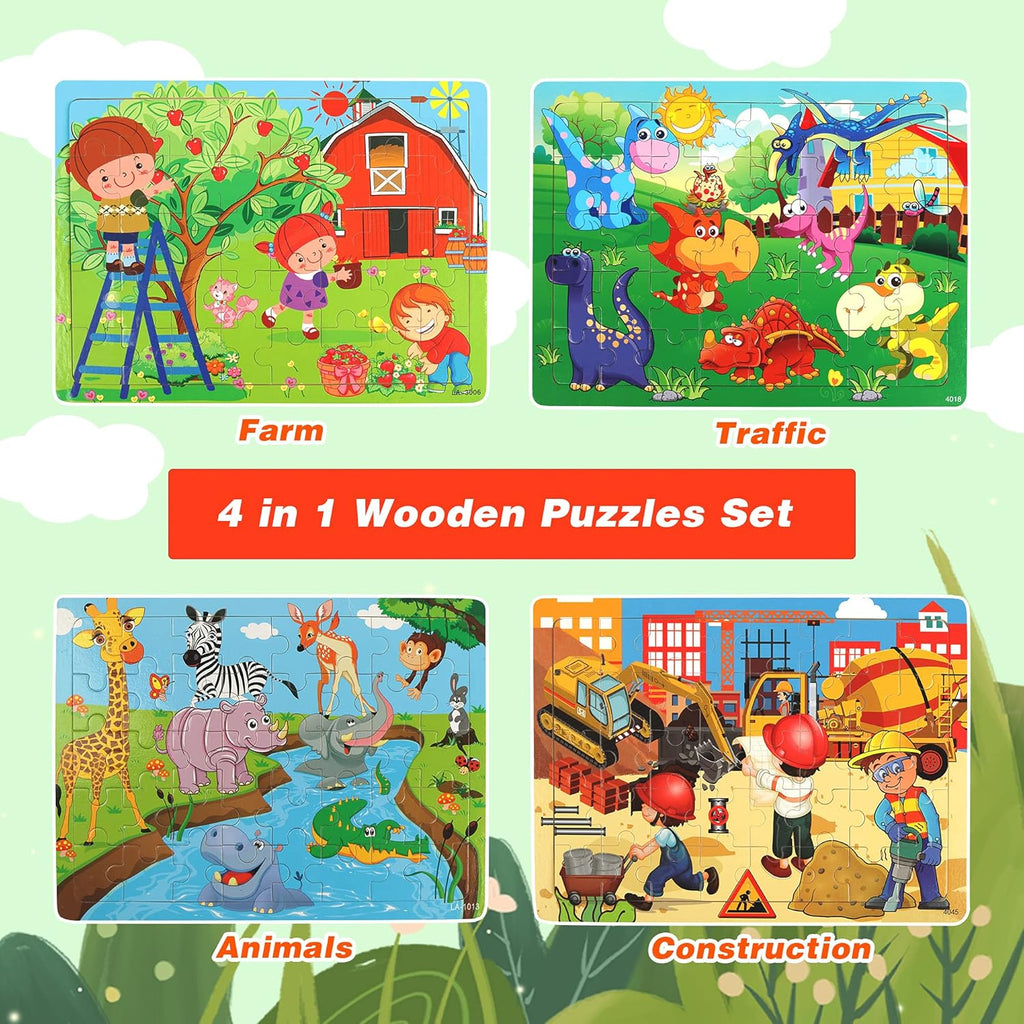 SYNARRY Puzzles for Kids Ages 4-8, 4 Pack Wooden Jigsaw Puzzles for Kids Ages 3-5 Years Old 40 Pieces, Preschool Puzzle Toy Gift for Children Boys and Girls, Farm Dinosaur Animal Construction Theme