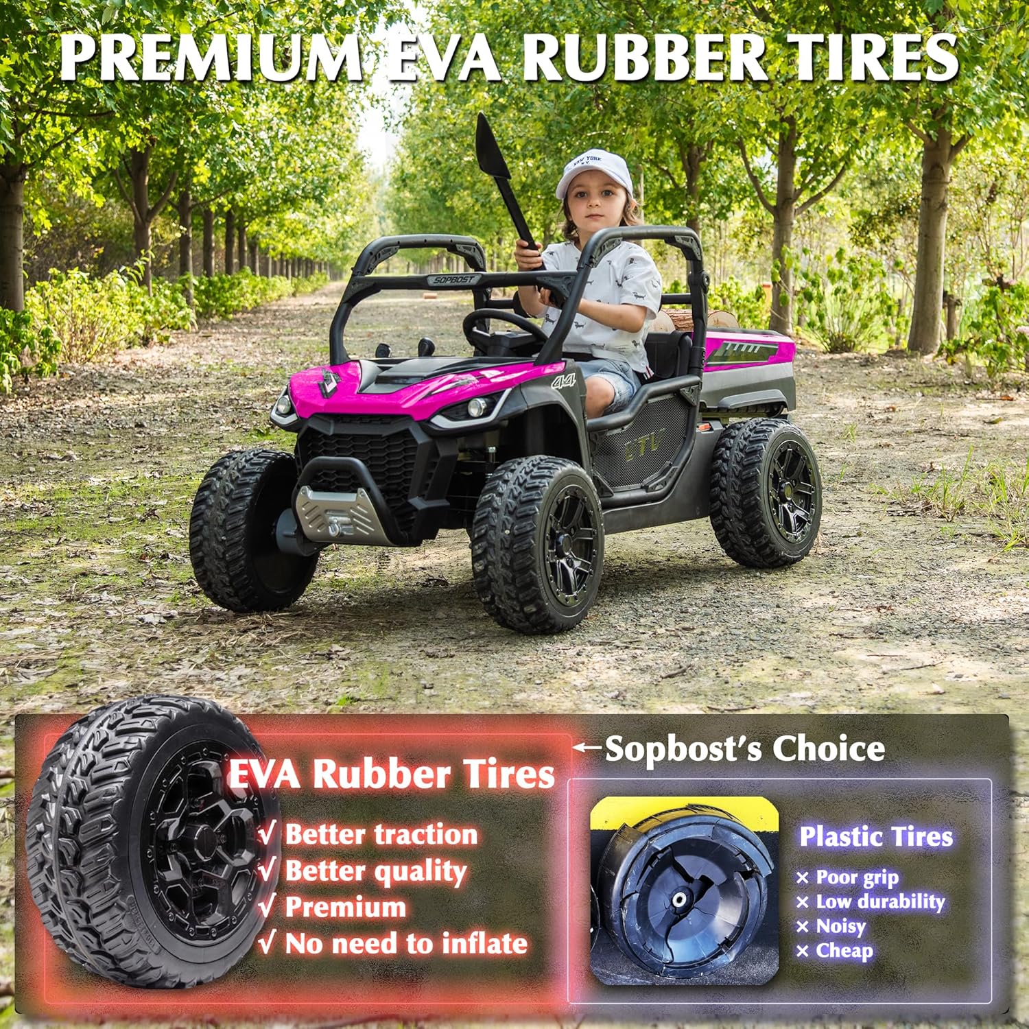 sopbost 24V Ride On Car with Remote Control 10Ah Battery Powered Ride On Toy for Big Kids to Drive 2 Seater UTV with Large Dump Bed, 4x75W Motors, Hot Pink & Black