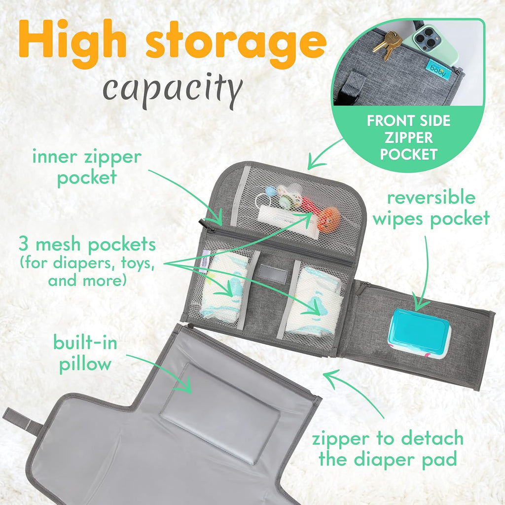 Kopi Baby Portable Diaper Changing Pad - Baby Diaper Changer Travel Bag with Wipes Pocket, Smart Design Portable Changing Mat, Infant Travel Station Kit, Gift for Newborn Girl & Boy - Grey, Premium