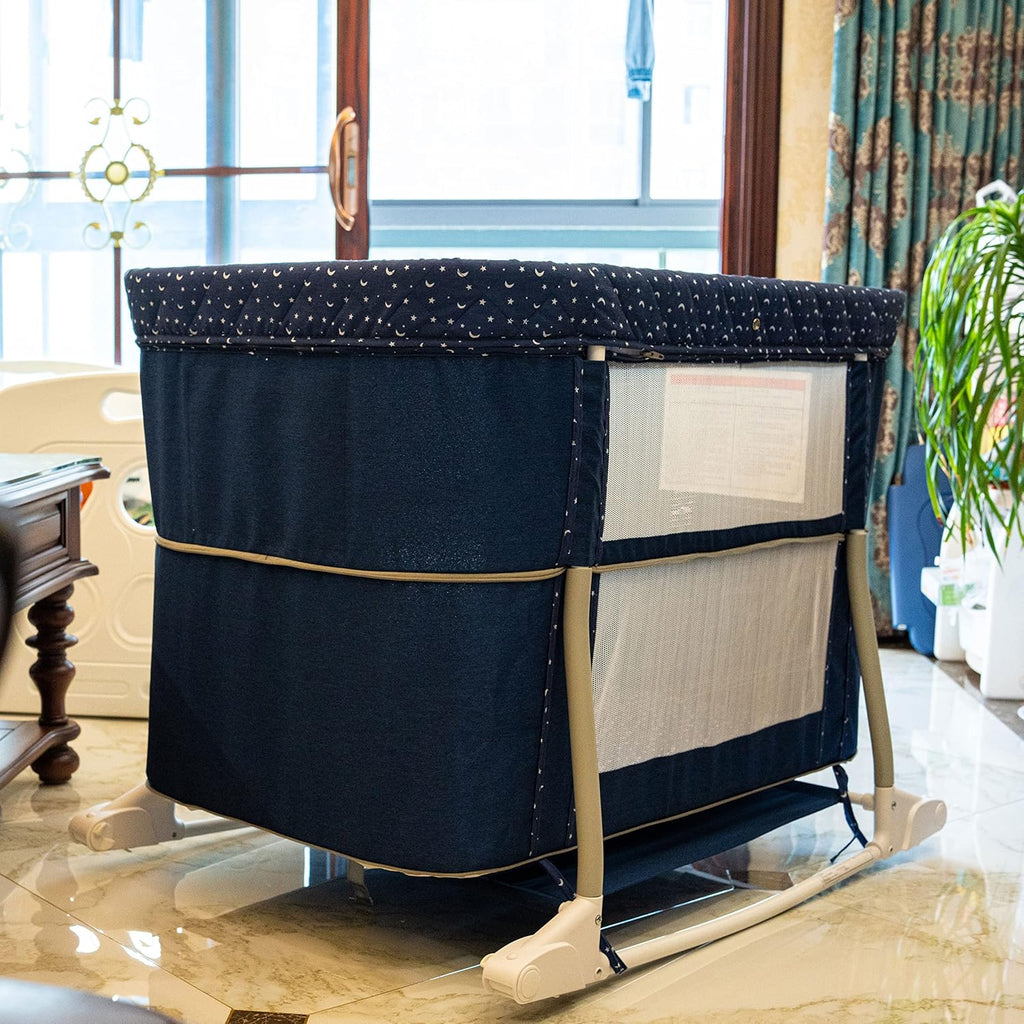 Newborn Portable Bassinet on Wheels for Baby 3 in 1 Bedside Sleeper Rocking Crib Playard with Breathable Mesh Cover Detachable Mosquito Net and Music Box Multi Mode(Navy Blue)