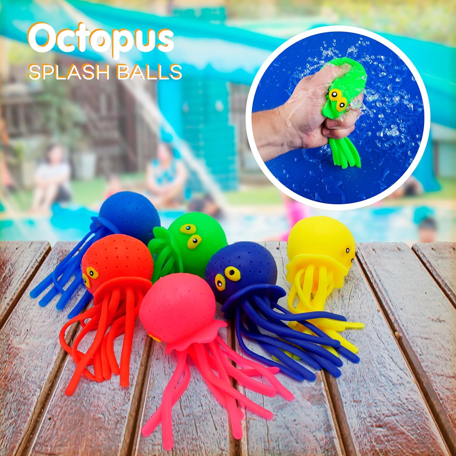 4E's Novelty Octopus Water Balls - Pack of 6 - Pool Toys for Kids Sensory Absorbent Water Splash Balls Bomb, Toddler Bath Toy, Swimming Pool Floating Swim Toys Outdoor Activity & Game