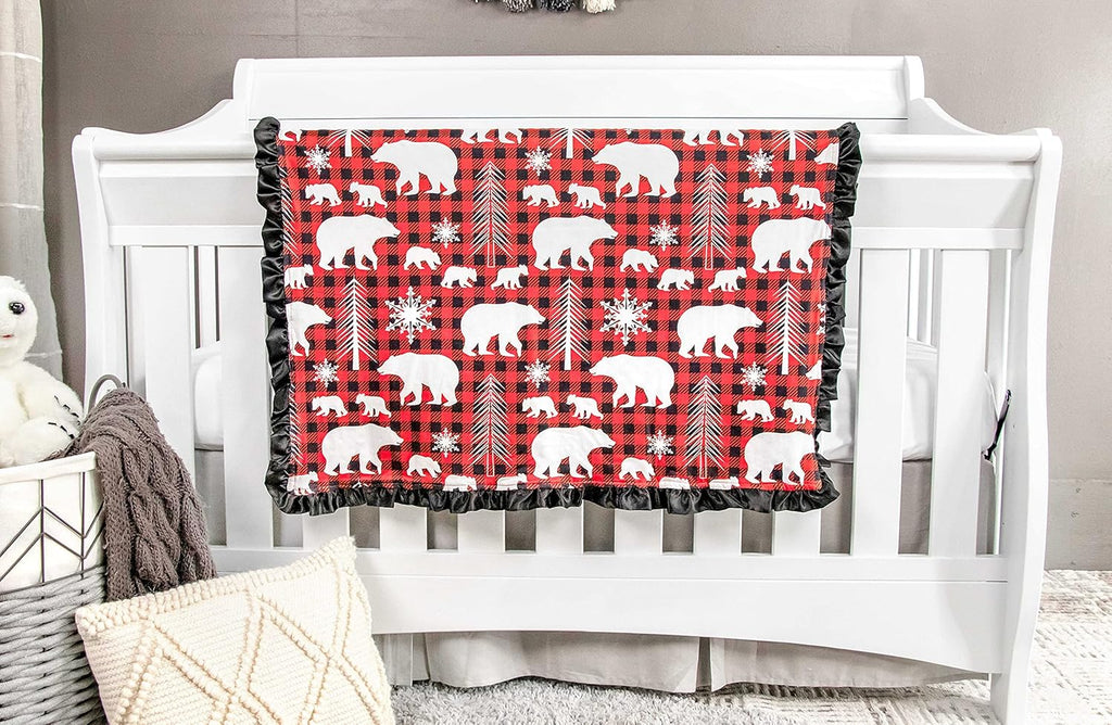 Top Tots Baby Blanket - Bear Cubs & Snowflakes with Minky Dot & Satin Ruffle, 31 x 31 Inch Red & Black Plaid