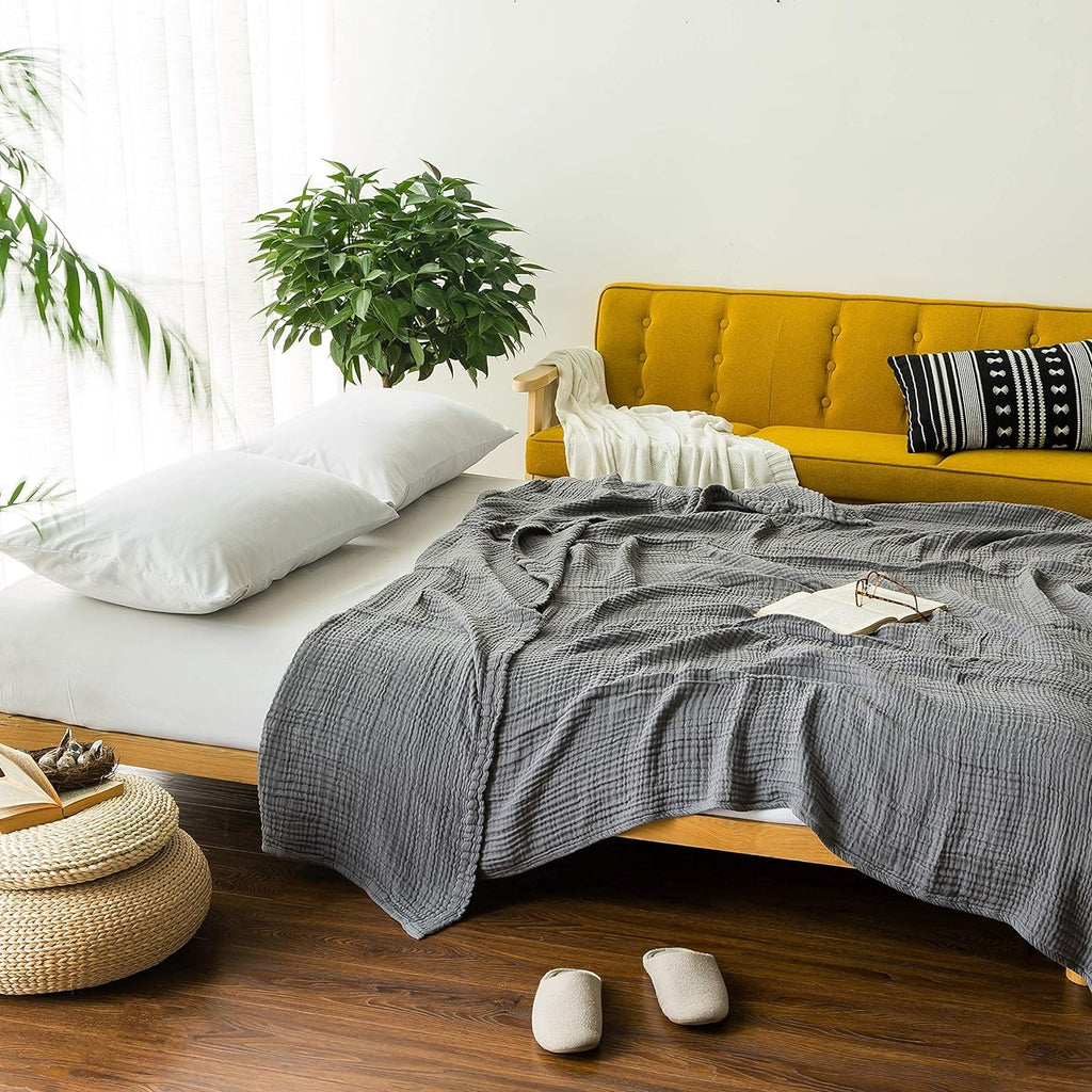 EMME Muslin Grey Twin Blanket 100% Cotton Bed Blankets for Adults and Baby 60"x80" Lightweight Soft Breathable All Season Solid Pre-Washed Gauze, Grey