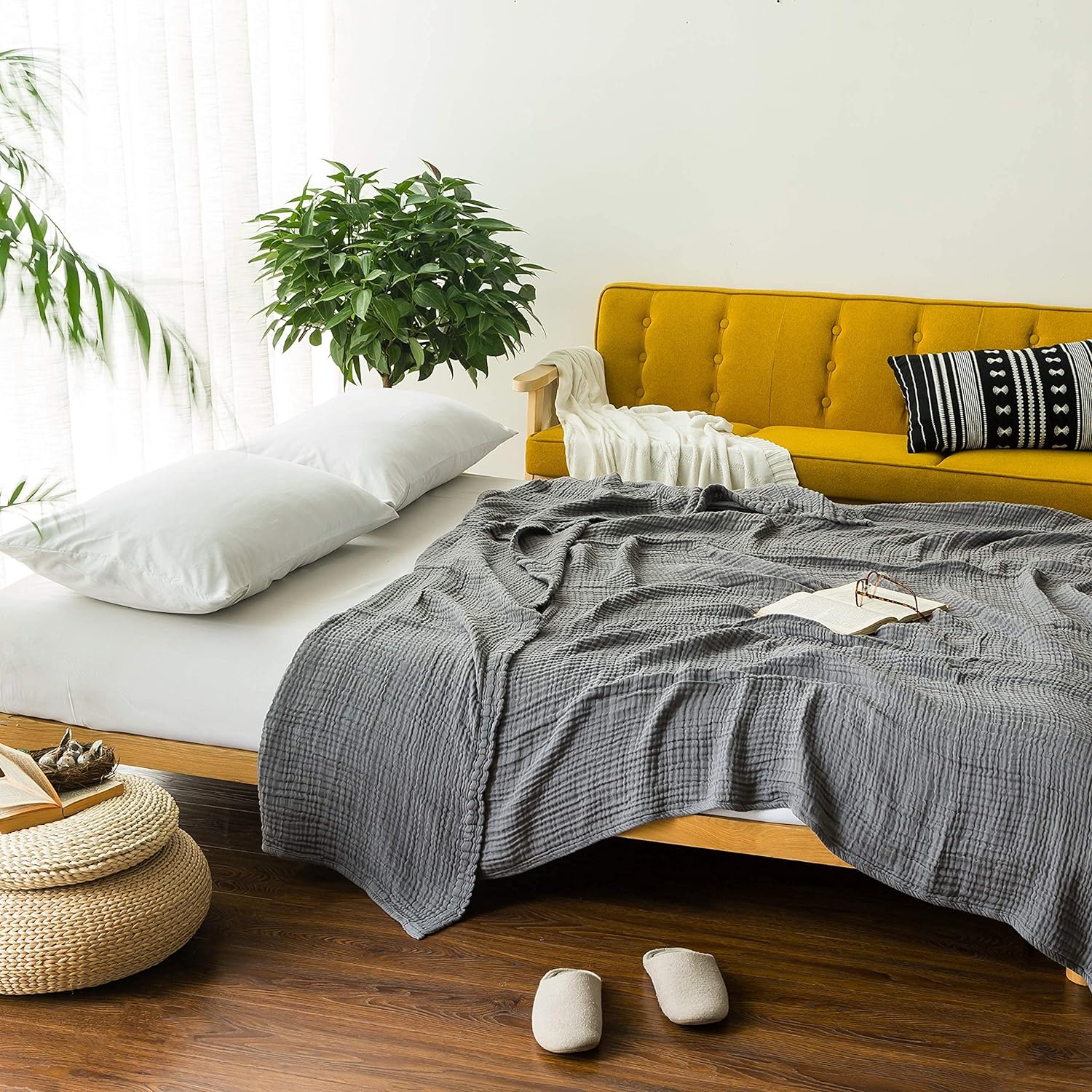 EMME Muslin Grey Twin Blanket 100% Cotton Bed Blankets for Adults and Baby 60"x80" Lightweight Soft Breathable All Season Solid Pre-Washed Gauze, Grey