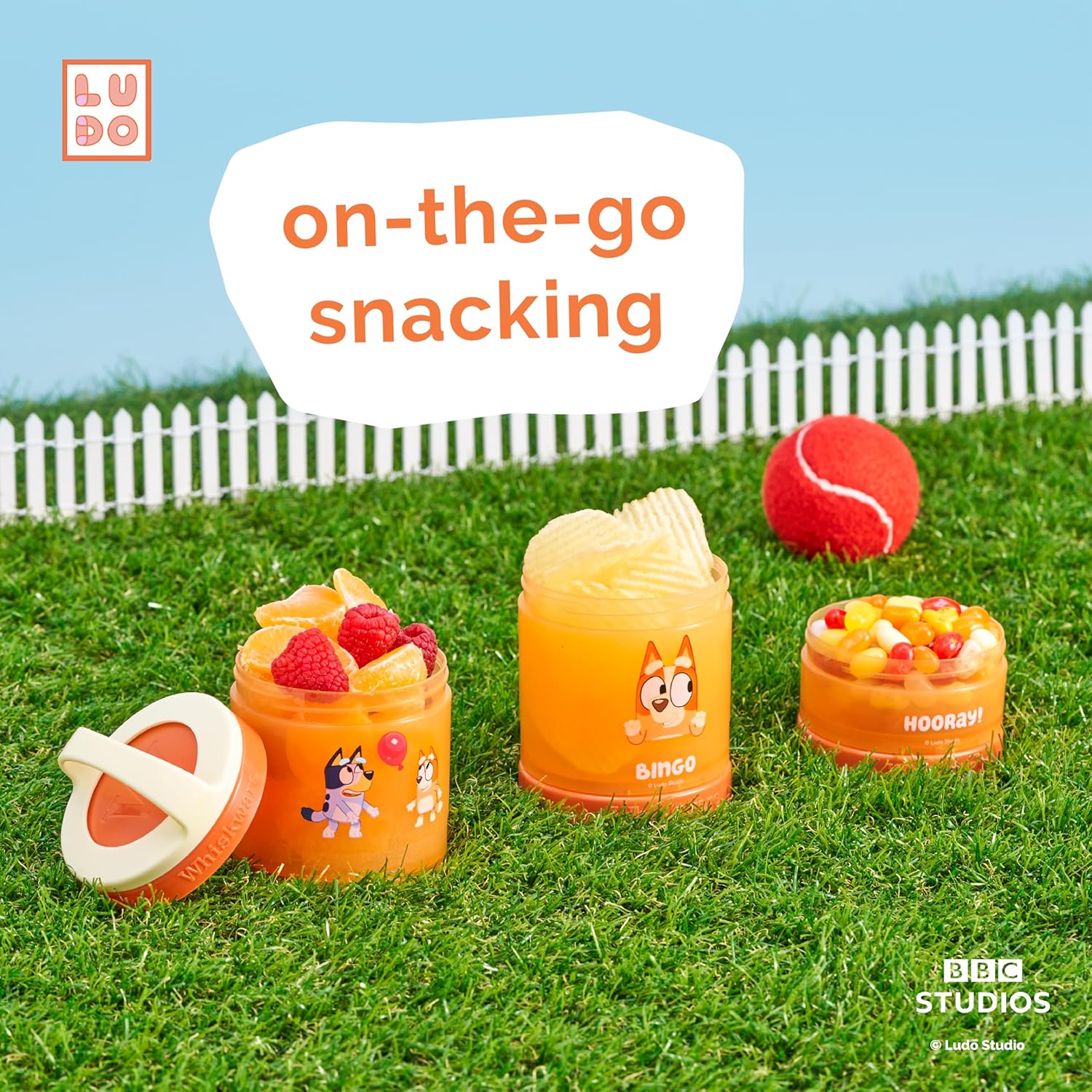 Whiskware Bluey Stackable Snack Containers for Kids and Toddlers, 3 Stackable Snack Cups for School and Travel, Bluey and Bingo, Hooray!