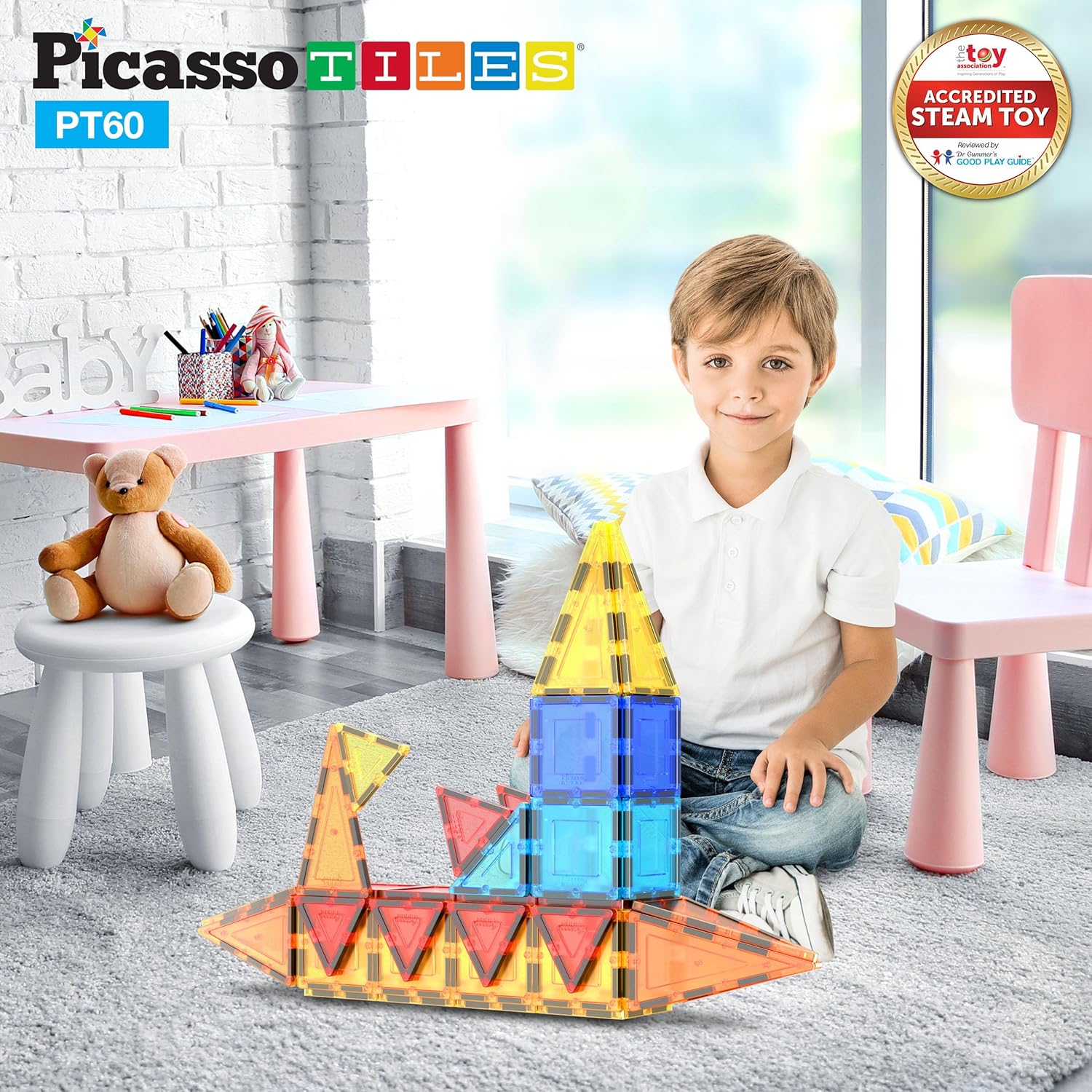 PicassoTiles 60 Piece Set 60pcs Magnet Building Tiles Clear Magnetic 3D Blocks Construction Playboards - Creativity beyond Imagination, Inspirational, Recreational, Educational, Conventional