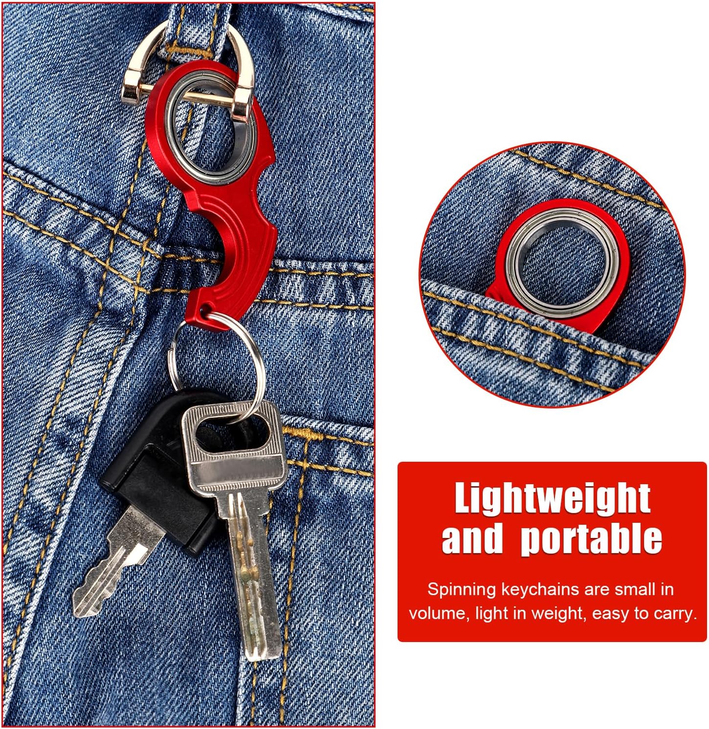 2pcs Key Chain Spinner Fidget Toy, Portable Finger Spinning Keychain with 2pcs Key Ring Funny Key Holder Toys for Adults Teens Finger Exercising (Red)