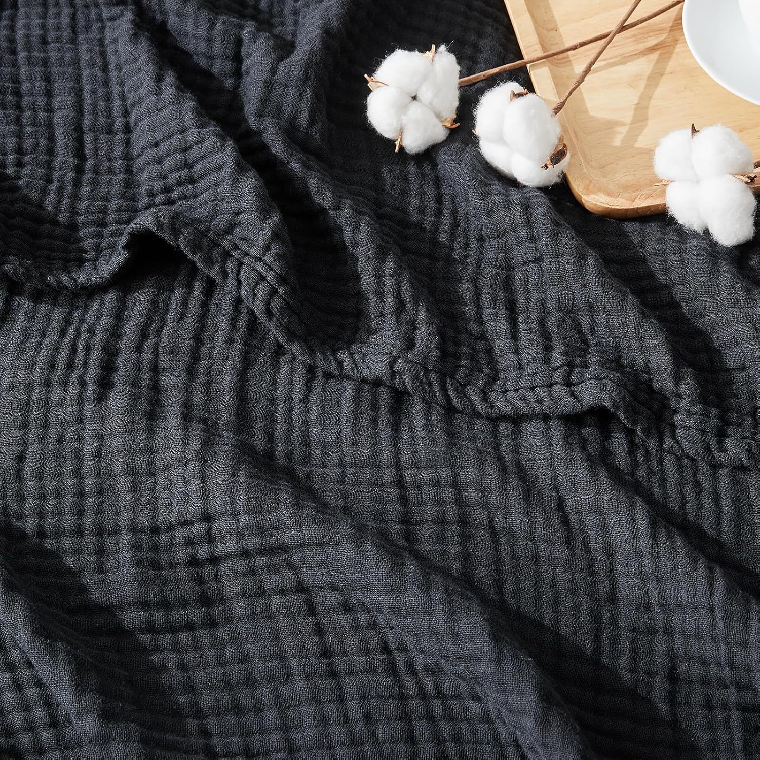 EMME Cotton Muslin Throw Blanket Couch Breathable Gauze Blanket Soft Lightweight Blankets Adults (Black, 50"x60")