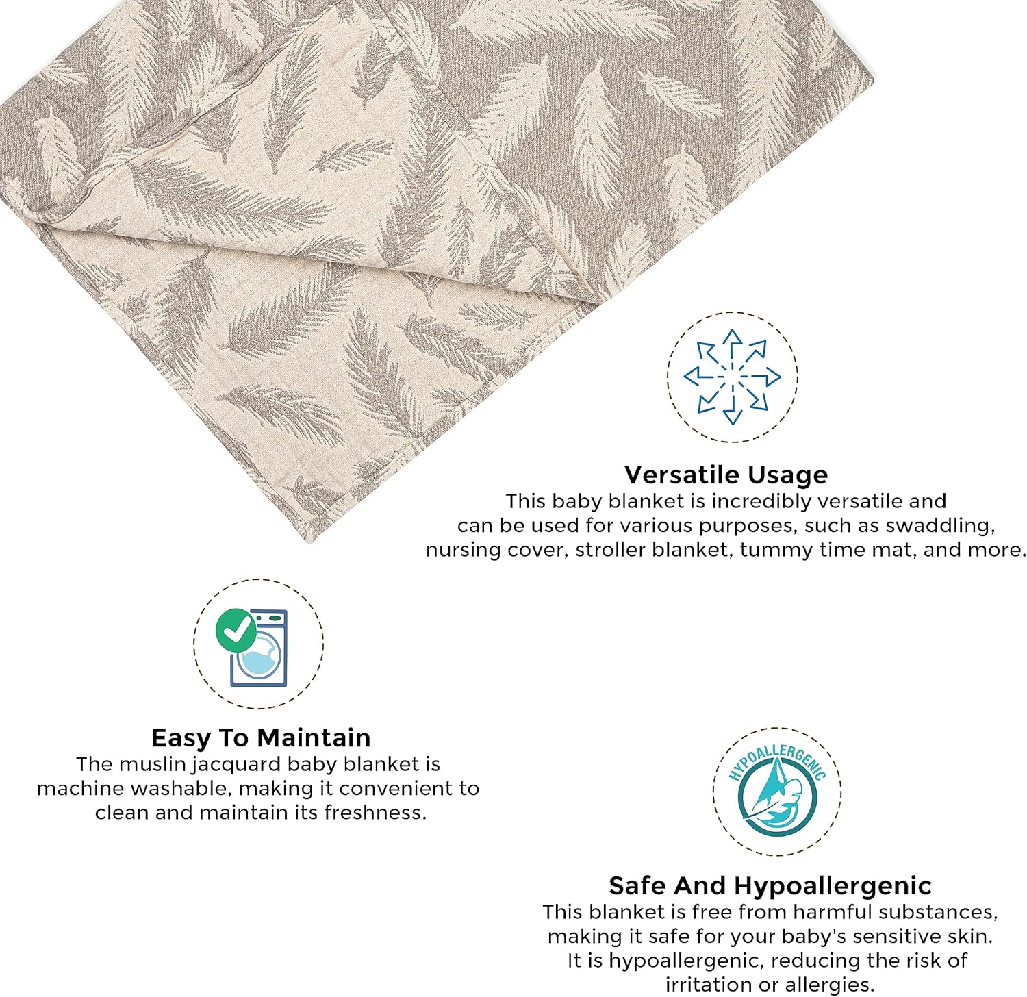 Crane Baby Blanket, Soft Cotton Jacquard Nursery and Stroller Blanket for Boys and Girls, Grey Feather, 30” x 40”