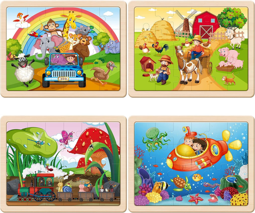 SYNARRY Large Animals Wooden Puzzles for Kids 4 in 1 Gift Box(12.2 * 9.4 in) - FSC Certified, Jigsaw Puzzles for Toddlers 3-5, Puzzles for Kids Ages 4-6, Wood Toys Gifts for 3 4 5 Year Old Boys Girls