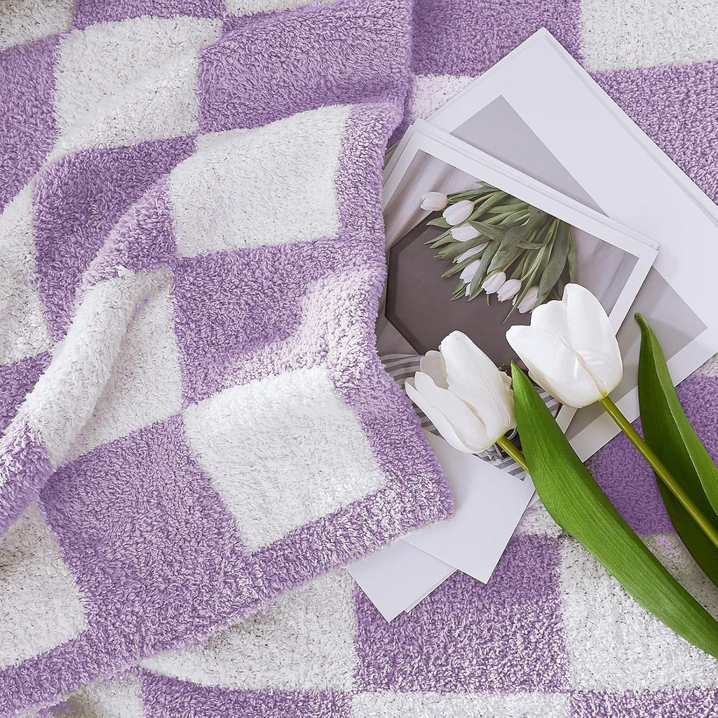 WRENSONGE Checkered Throw Blanket, Purple Soft Cozy Fluffy Warm Hand Made Throw Blankets for Couch, Sofa, Chair, Bed, Camping, Picnic, Travel Lightweight Bed Blanket - 50"*70"