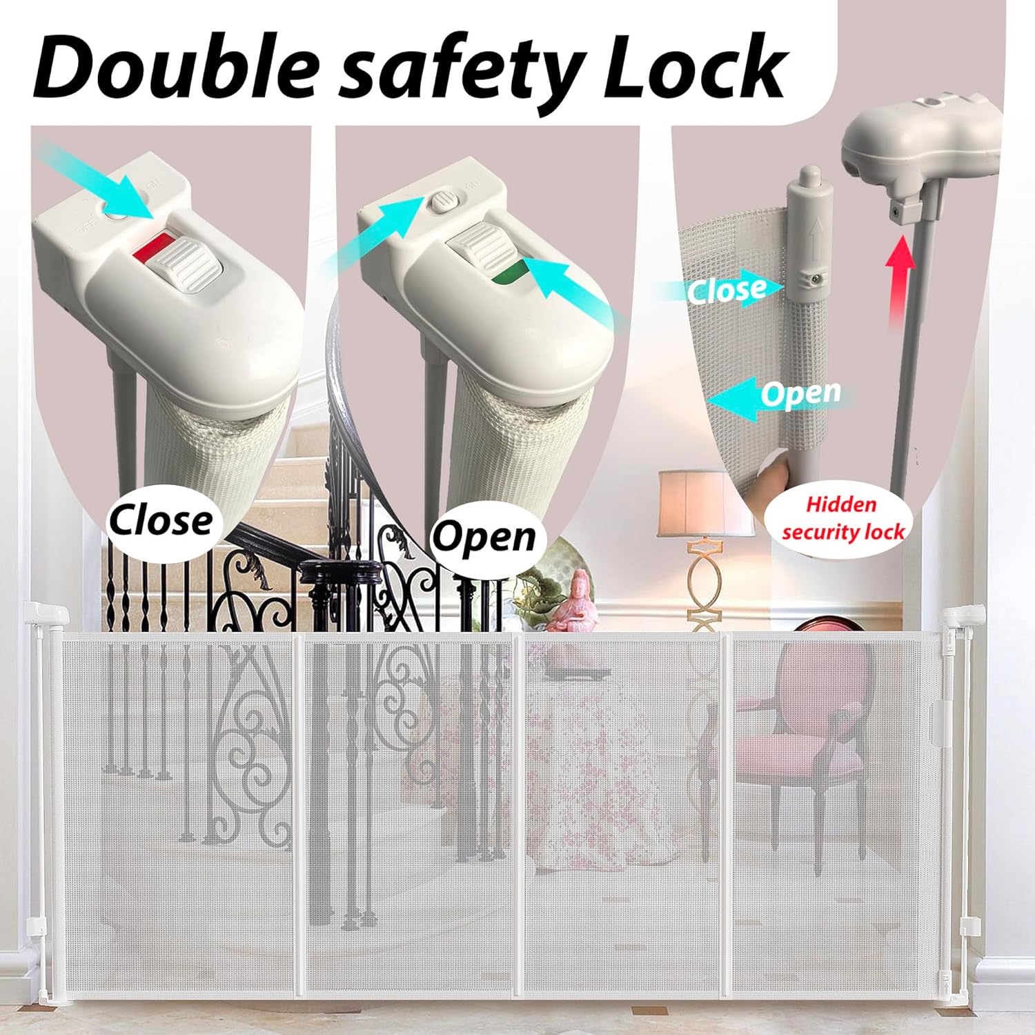 Retractable Baby Gates Dog Gate for Stairs, 100" Wide Retractable Gate Mesh Pet Gate, 41" Extra Tall Child Safety Gate with Fiberglass Rods for Stairways, Doorways, Hallways, Indoor/Outdoor