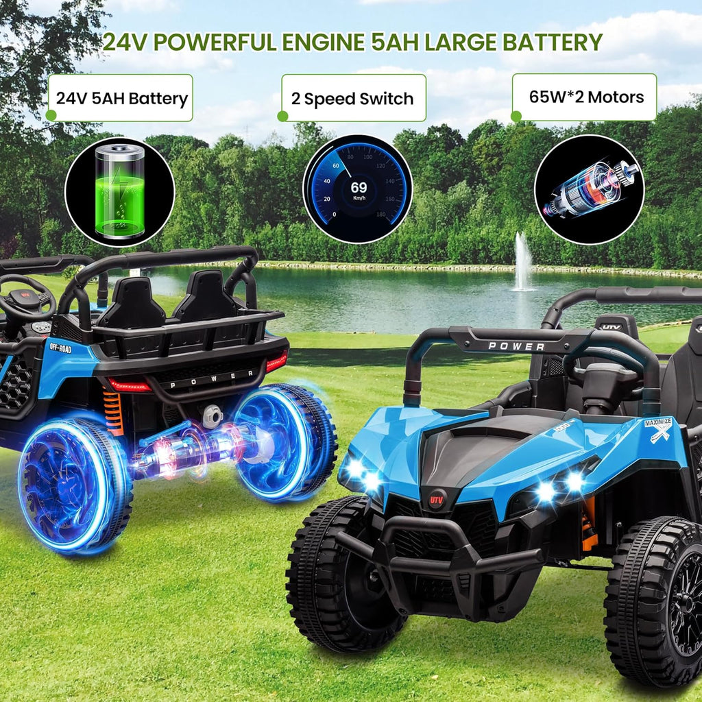 24V 2 Seater Ride On Car Truck, Power Wheels Kids UTV w/Parent Remote Control, 3.1 MPH Max Speed, Music Player, LED Lights & Storage, Electric Vehicle Ride On Toy for Kids Toddler Ages 3-8, Blue