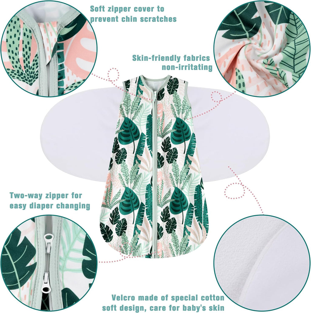 Newborn Sleep Sack Baby Swaddle,6-12 Months,3-Way Adjustable Wearable Blanket,100% Rayon Cotton Swaddling Sleeping Bag，TOG 0.5（Banana&Leaf）