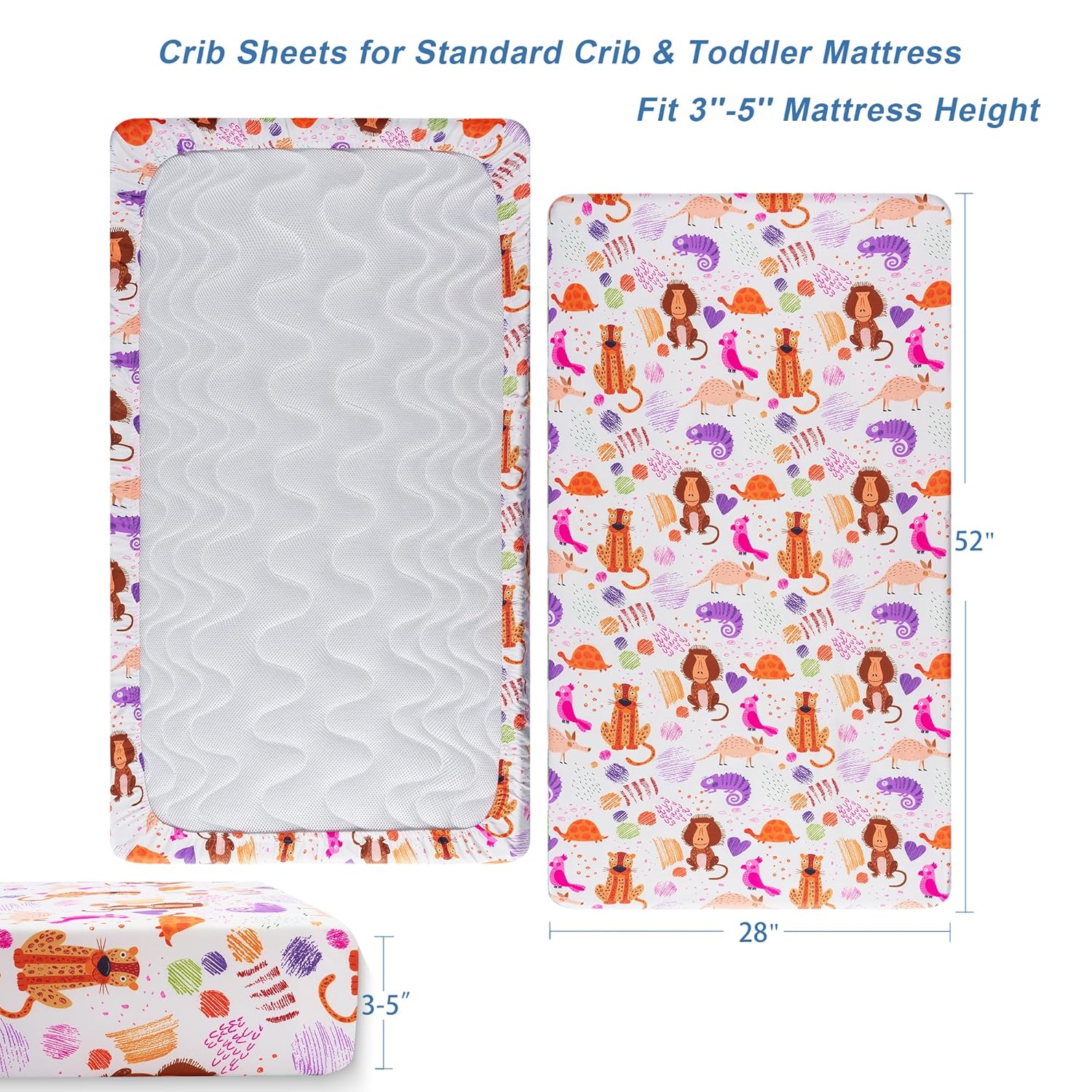 TILLYOU Baby Crib Sheets for Boys Girls, Super Soft Toddler Bed Sheets, 2 Pack Sheets for Standard Crib Mattress 28x52in, Animal Graffiti