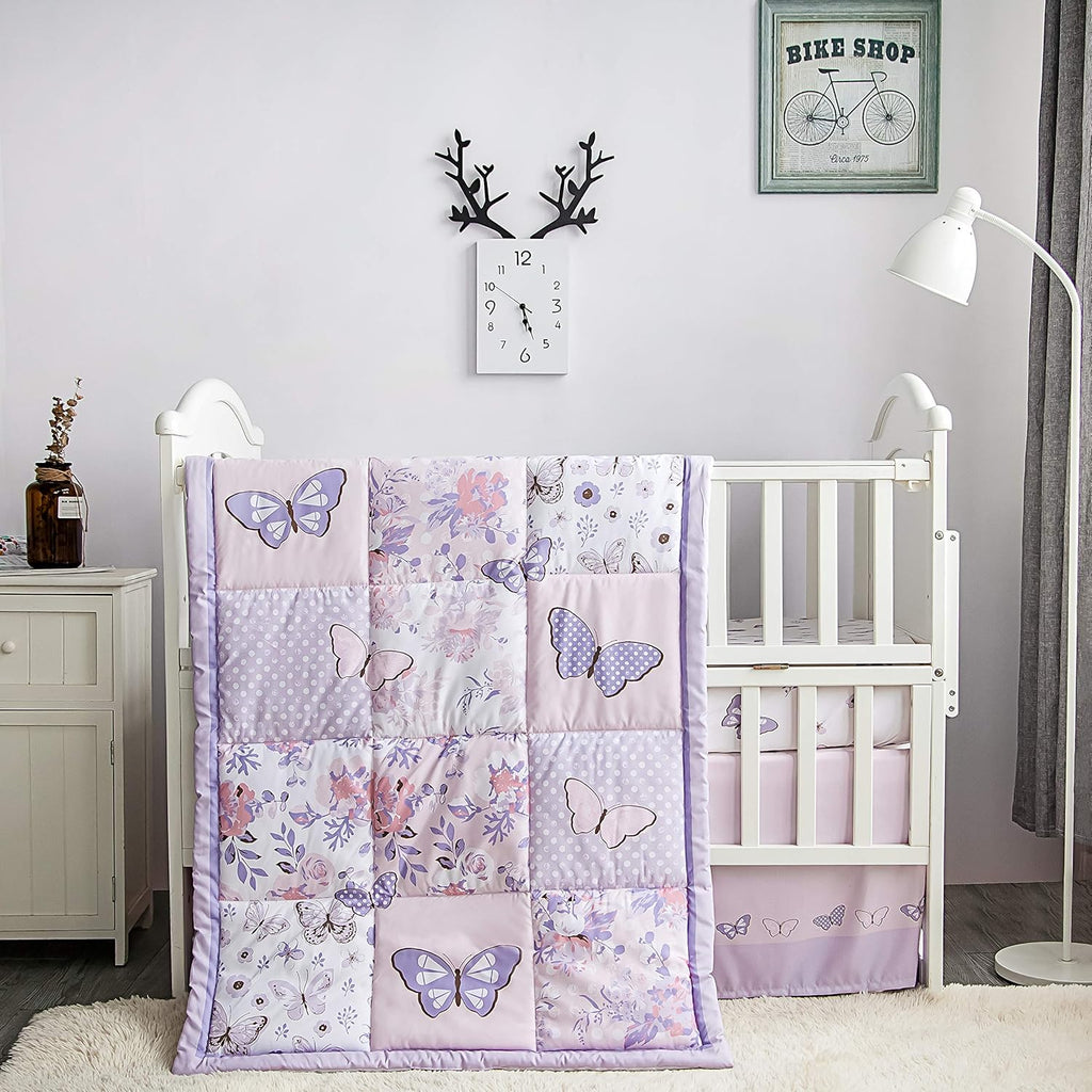 La Premura 3-Piece Purple Butterfly Baby Crib Bedding Set for Girls, Lilac Standard Size Crib Set for Baby Girl, Comforter, Fitted Sheet, and Dust Ruffle Skirt, Baby Nursery Floral Design for Girls