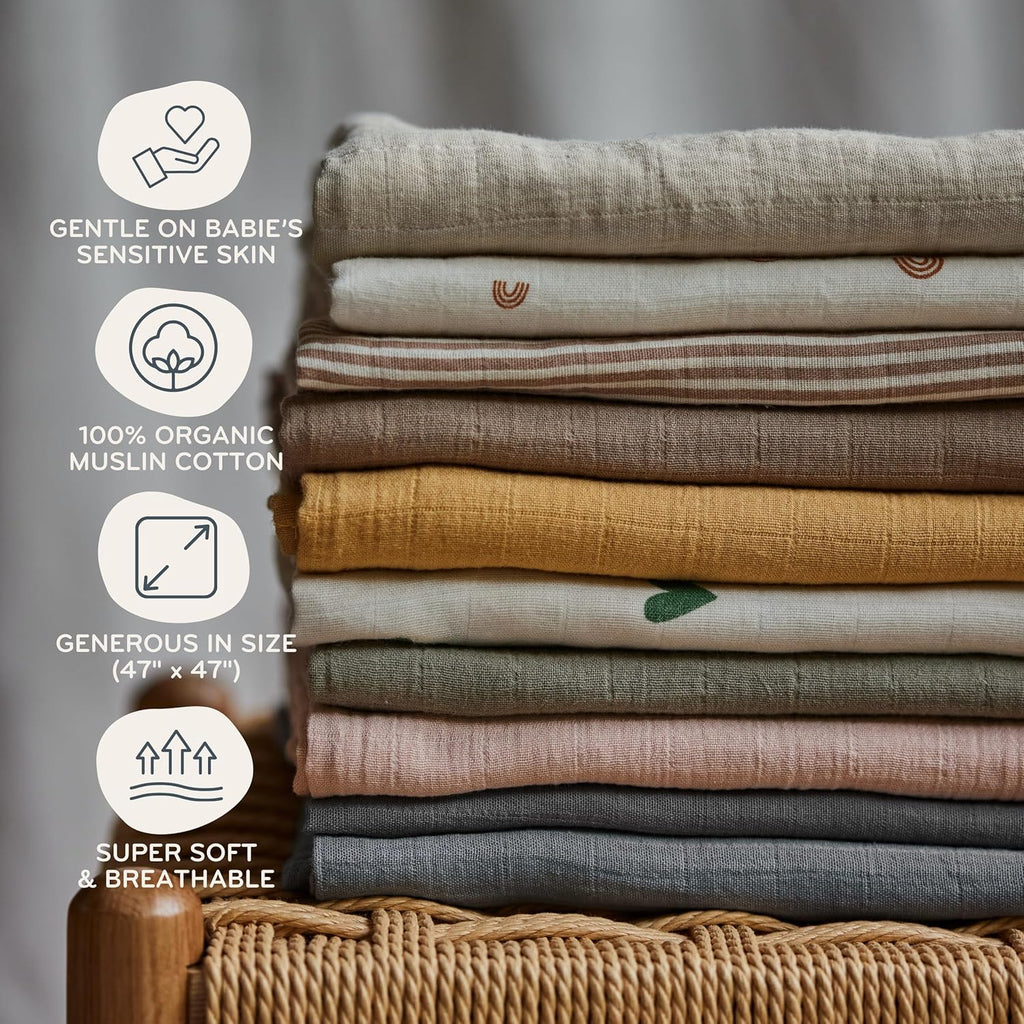 Swaddle - 100% Organic Cotton - Muslin Swaddle Blankets for Newborn, 47" x 47" (Rainbows)